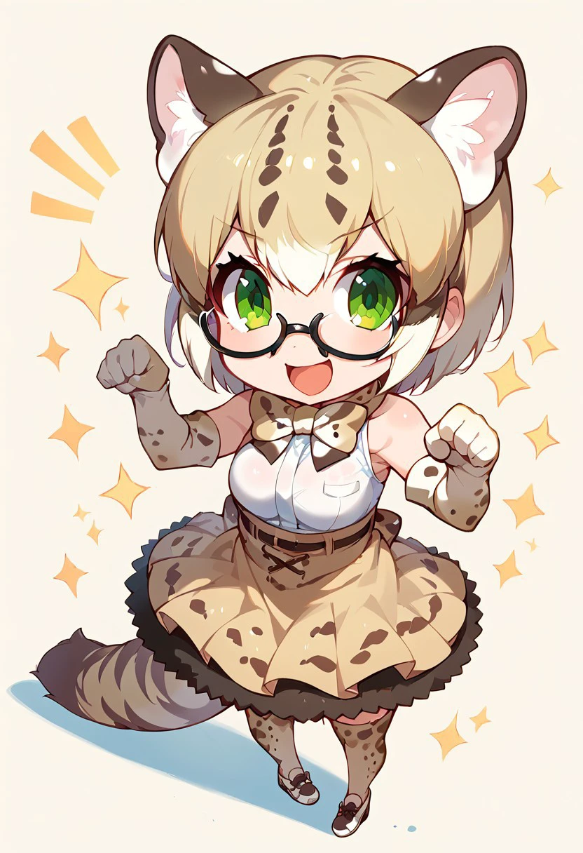 1girl, ((solo)), best quality, ultra-detailed, extremely detailed, perfect anatomy, masterpiece, score_9, score_8_up, score_7_up, margay (kemono friends), animal ears, animal ear fluff, tail, short hair, multicolored hair, blonde hair, green eyes, glasses, black-framed eyewear, bowtie, bare shoulders, sleeveless shirt, white shirt, skirt, thighhighs, elbow gloves, print gloves, print bow, print skirt, print legwear, shoes, cute, open mouth smile, happy, standing, cute look, confident look, looking at viewer, paw pose, (chibi:1.3), simple background,