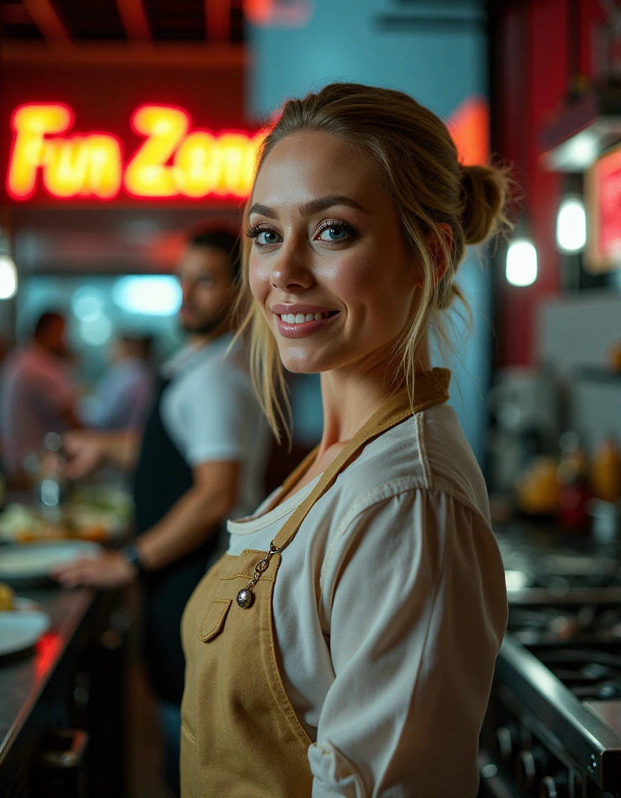 <lora:NicoleAnistonQuiron_FLUX:1.4>  NicoleAnistonQuiron, a blonde woman with blue eyes, smiling  ,  a Woman, Inside the bustling kitchen of a renowned restaurant, with chefs and sous-chefs artfully plating dishes and the clatter of pots and pans, a cinematic photo captures the essence of culinary passion. Full body shot focus, Photorealistic portrait in breathtaking detail, photo scanned at ultra-high resolution, inspired by Helmut Newton and Peter Lindbergh. Bright, fluorescent light, vibrant kitchen backdrop, a look of focused determination, minimal makeup, hair pulled back in a tight bun, wearing a chef's jacket, checked trousers, and steel-toed safety shoes, embodying the spirit of gastronomic excellence. 35mm photograph, film, bokeh, professional, 4k, highly detailed, complex, polished, color, great composition, dynamic dramatic ambient perfect futuristic atmosphere, sharp, illumination, very inspirational, rich deep colors, beautiful grand intricate stunning epic, romantic, symmetry, clear, lovely, pretty, enhanced, loving, creative, positive, unique, joyful, thought, pure, attractive, extremely cute, depicted, cool, elite, gorgeous, background,  , written signature"Quiron" on background     game room, A space dedicated to arcade games, pinball machines, and a neon sign on the wall declaring it the "fun zone",  photo by nan goldin,