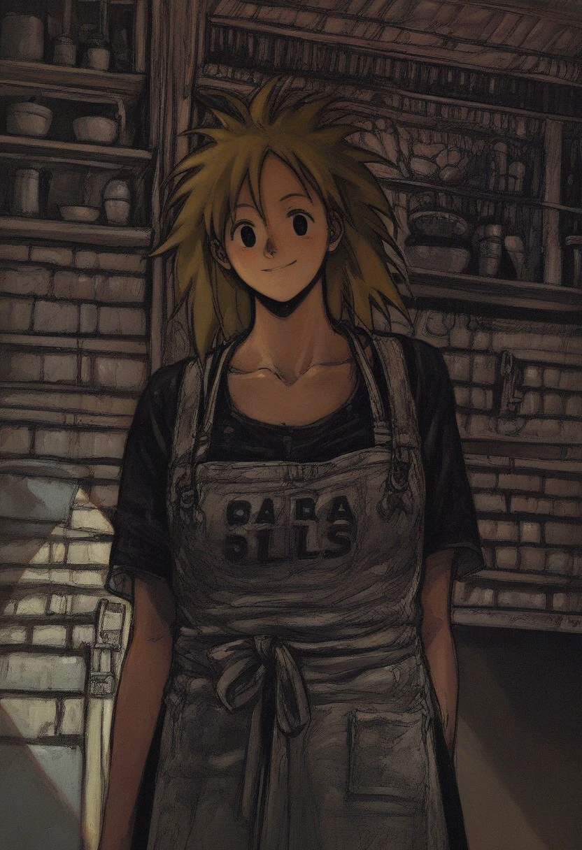 (score_9, score_8_up, score_7_up), drhdr_style, anime_source, 1girl, sketch, Nikaido, blonde hair, apron, in the kitchen, dark theme, low light, dynamic, black eyes, smile, darkness, detailed