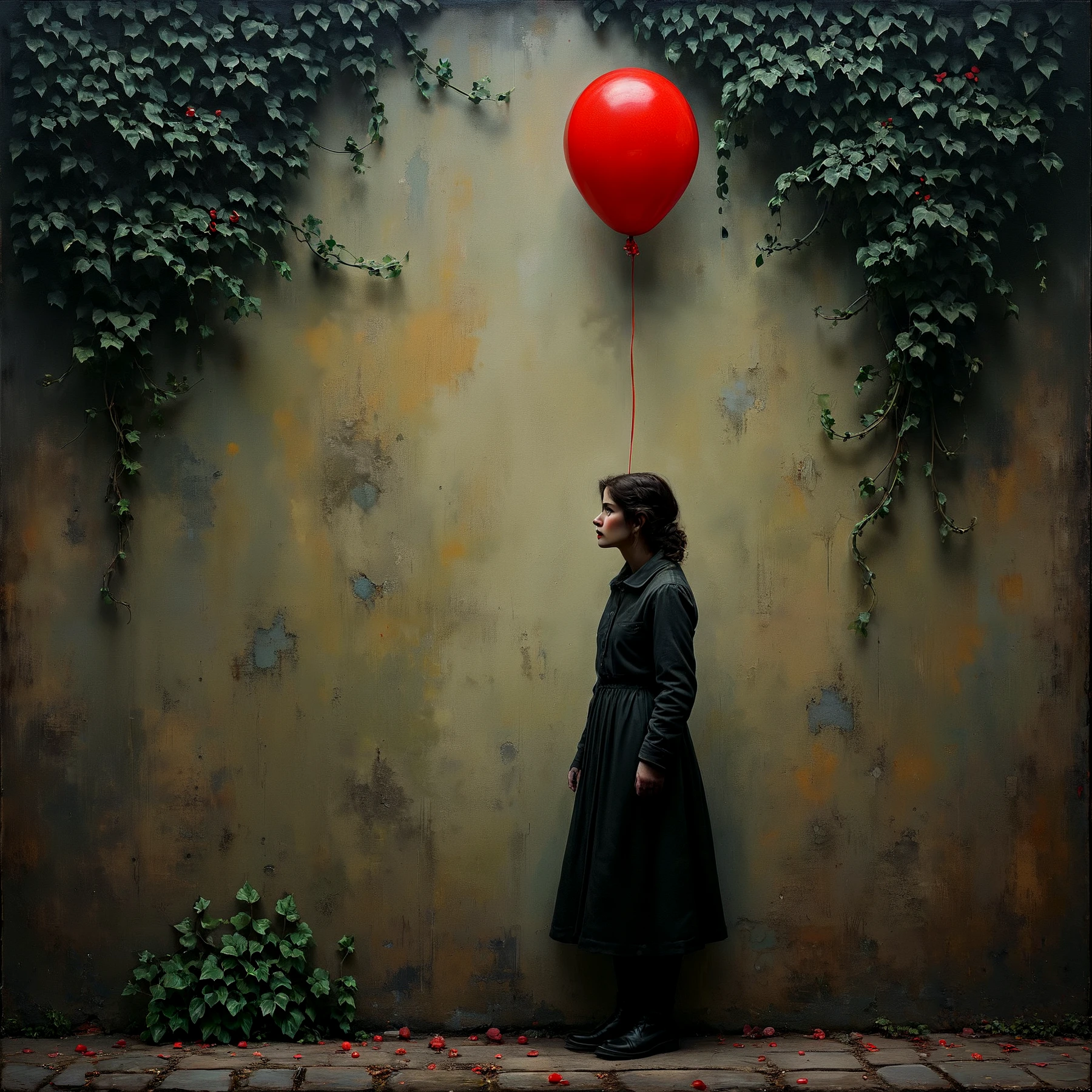 Painting of a young woman with a red balloon, standing near an ivy-covered wall. Atmospheric, rustic, moody. Dark. Artistic. Oil painting.

<lora:Rembranksy01_CE_SDXL_64x32x120x2bOT:1> rmbrnksyCE style