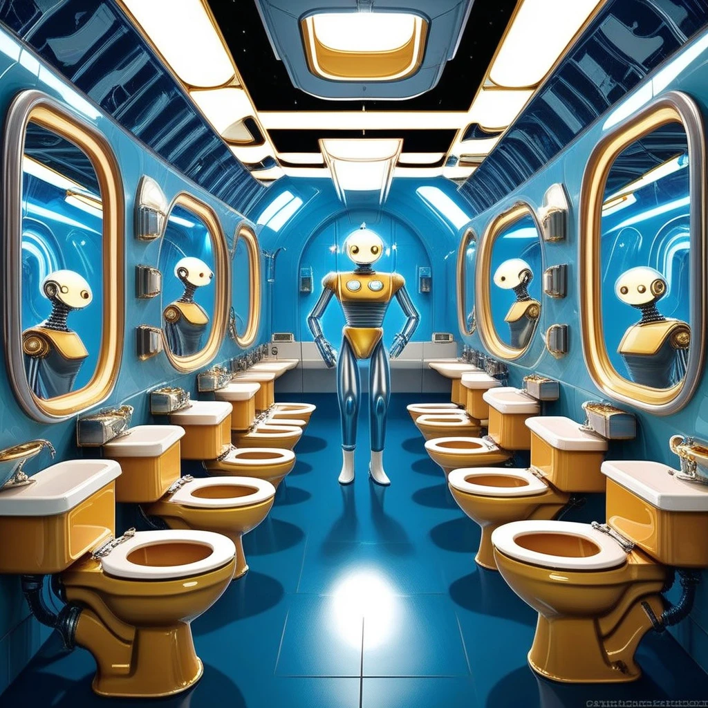 science fiction, space station, cybernetics, public toilets setting, many porcelain toilets, long line of toilets, sinks, mirrors, robot attendant, 60s style robot, gold, steel, silver, metallic