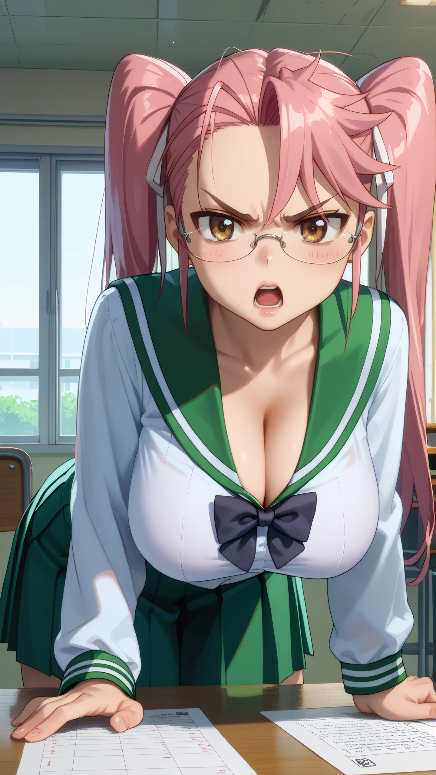 score_9, score_8_up, score_7_up, 1girl, solo, looking at viewer, anime coloring, cowboy shot, 
<lora:Saya_Takagi_Dwnsty:0.8>, saya_takagi, pink hair, brown eyes, long hair, twintails, glasses, hair ribbon, school uniform, serafuku, green skirt, pleated skirt, black bowtie, long sleeves,
lips, large breasts, skindentation, annoyed, blush, (angry, open mouth), hands on table, cleavage, leaning forward, hanging breasts, 
indoors, clasroom, board, table, chair,