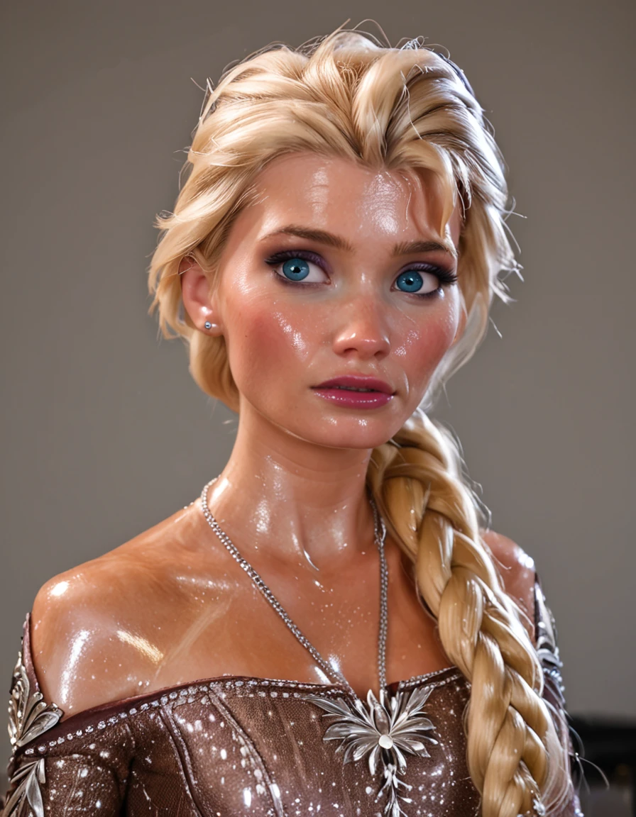 realistic image, score_9, score_8_up, score_7_up, score_6_up, (shiny skin:1.5), oiled skin, 1girl, elsa \(frozen\), blonde hair, hair over shoulder, long hair, single braid, blue eyes, makeup, highly detailed, professional photograph, masterpiece, 4k, sharp focus