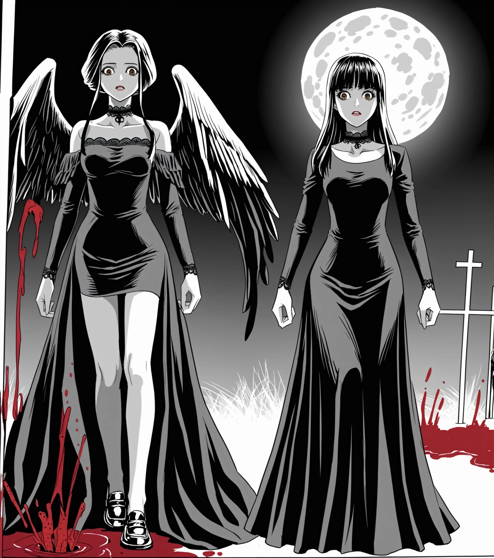 <lora:mrkurz_pony_v4:1> art style by mrkurz,2girls,blood,guro,
monochrome ,greyscale,spot color,
(ethereal dark angel with (black feathered wings)) young woman, petite build, extra long brown low bun hair, black american, dark skin, brown eyes, dressed in a dark blue long dress with dark lace, loafers with gothic designs, deep red lipstick, gothic choker,mystic headpiece, set in a haunted castle, with eerie whispers, creaking floors, hidden passages, and ghostly apparitions, under the full moon, score_9, score_6_up, score_7_up