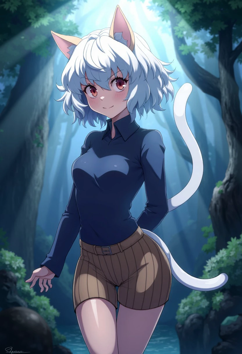 Neferpitou from "Hunter x Hunter", she has short curly or wavy white hair and red eyes, feline anthropomorphic animal cat beige ears and white cat tail. she's wearing blue long sleeves and brown stripped vertically shorts. she's smirking and located in magical forest. picture has god rays and dramatic lighting. drawn by best known artist, drawn by sorapoi