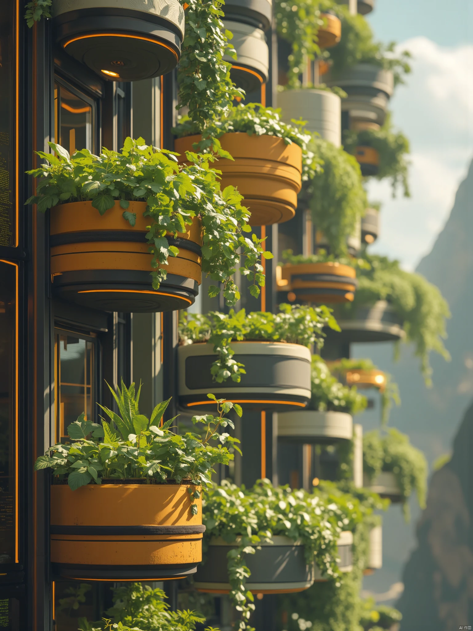 OBweilai,
a multi-story building is adorned with a variety of flower pots
each with a unique design
adding a touch of nature to the scene. The flower pots are suspended from a series of vertical columns
each filled with green plants. The plants are arranged in a way that creates a sense of depth and dimension. The planters are attached to a black metal structure
adding depth and texture to the composition. The background
blurred out
reveals a mountain and a blue sky.