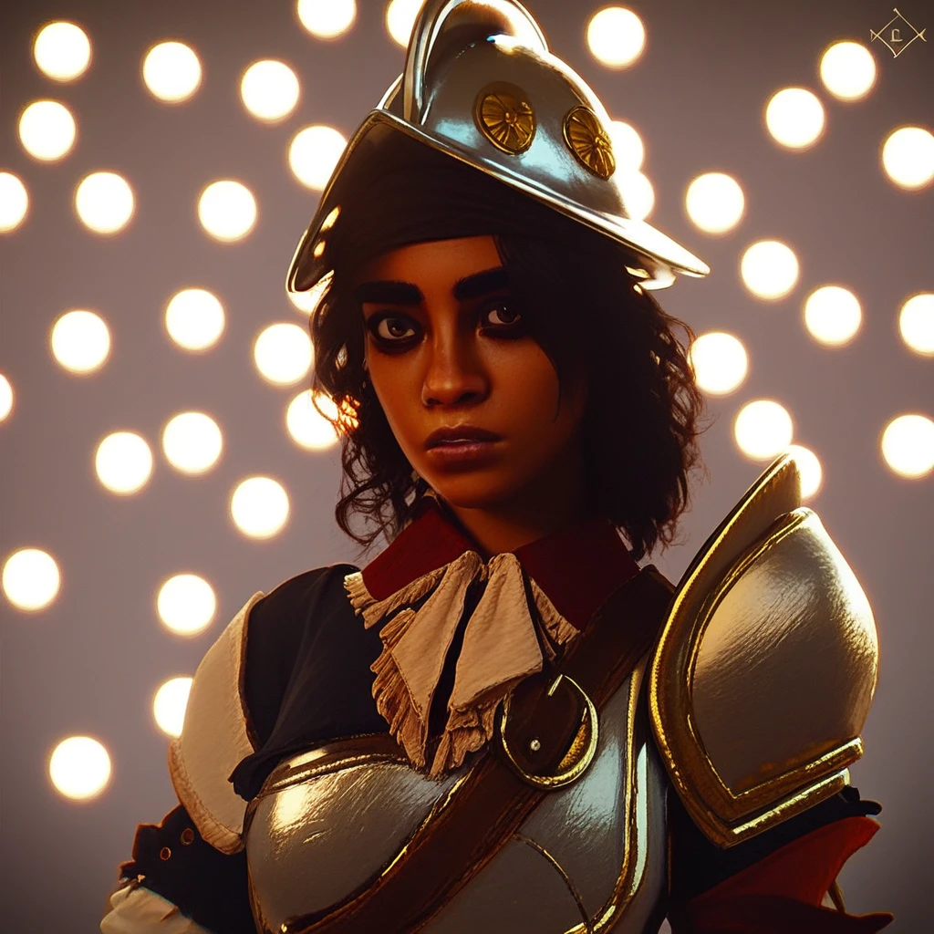 score_9, score_8_up, score_7_up, BREAK, 1woman portrait, beautiful, dramatic lights PoeAlva. Alva. AlvaPoe. dark skinned female. latina female. latina. 1girl. female focus. armor. helmet.