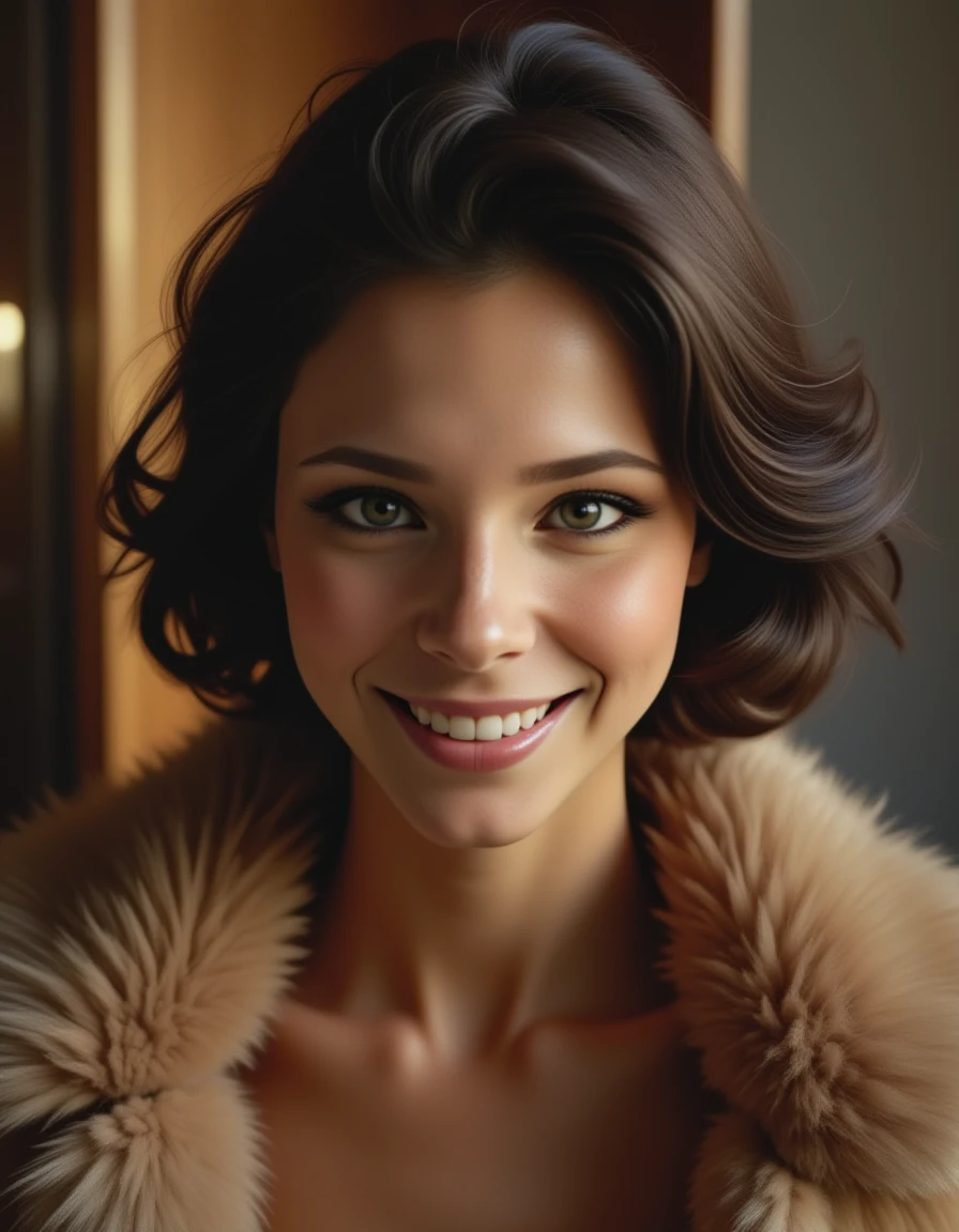 amateur photo of a brunette woman posing shy, she smiles, her hair has a edgy short cut, her skin has a detailed texture with subsurface details. she is wearing a fur coat <lora:chloelora:1.2> Ch103