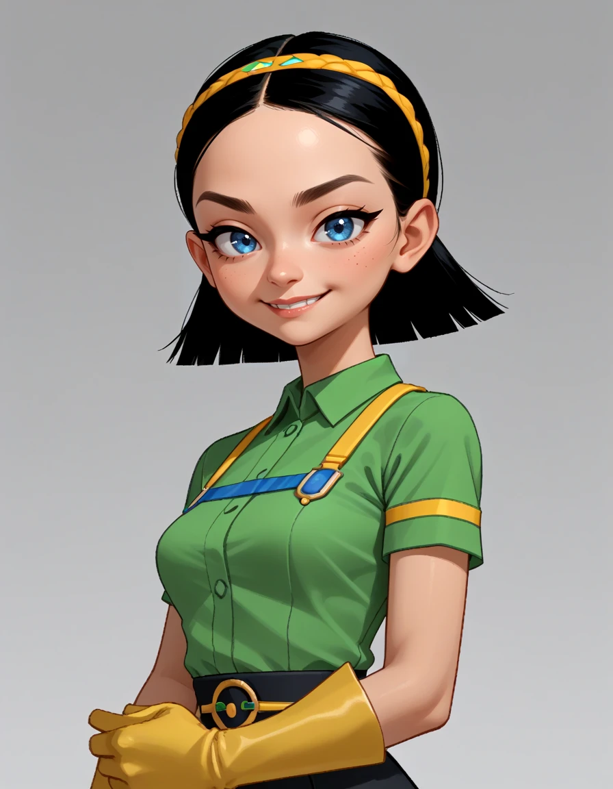 <lora:Ibis - Pilotwings 64 - 1996 - Epoch 10:0.75> ibis, 1girl, low poly, green shirt, short sleeves, short hair, black hair, medium breasts, blue straps, jeweled headband, yellow gloves, pointy nose, blue eyes, eyeliner, portrait, looking at viewer, smirk, light_smile, source_cartoon, score_9, score_8_up, score_7_up, score_6_up, score_5_up, score_4_up,