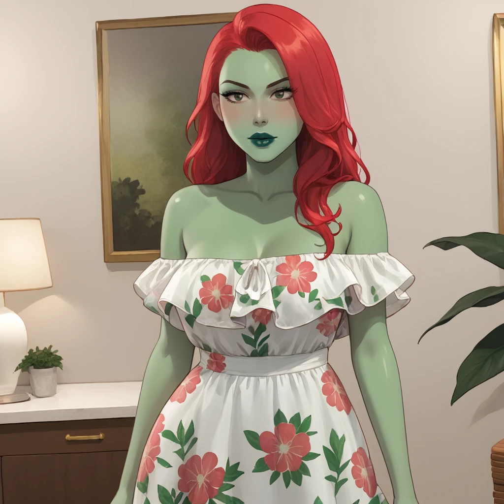 <lora:poisonivycartoon_pony_v1:.8>  PoisonIvyBikiniCartoon, 1girl, solo, lipstick, makeup,  large breasts,  (green skin:1.5), colored skin, long red hair, black lips, cowboy shot,   <lora:floral_offshoulder_dress_v1.1-pony:1> off shoulder dress, floral print