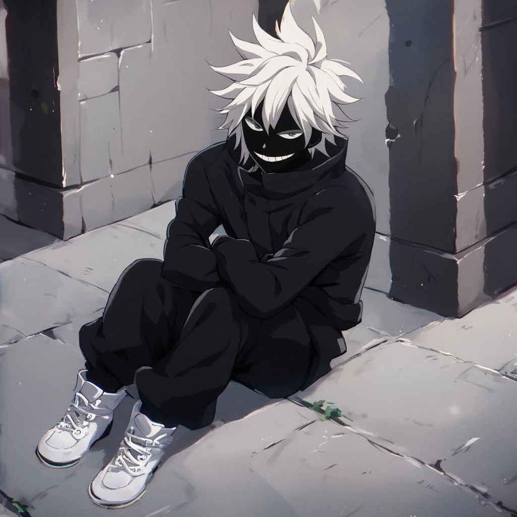 (masterpiece), score_9, score_8_up, score_7_up, score_6_up, score_5_up, score_4_up, 1boy, solo, Shihai Kuroiro, white hair, grey eyes, black skin, black jacket, black pants, white shoes, grin, sitting