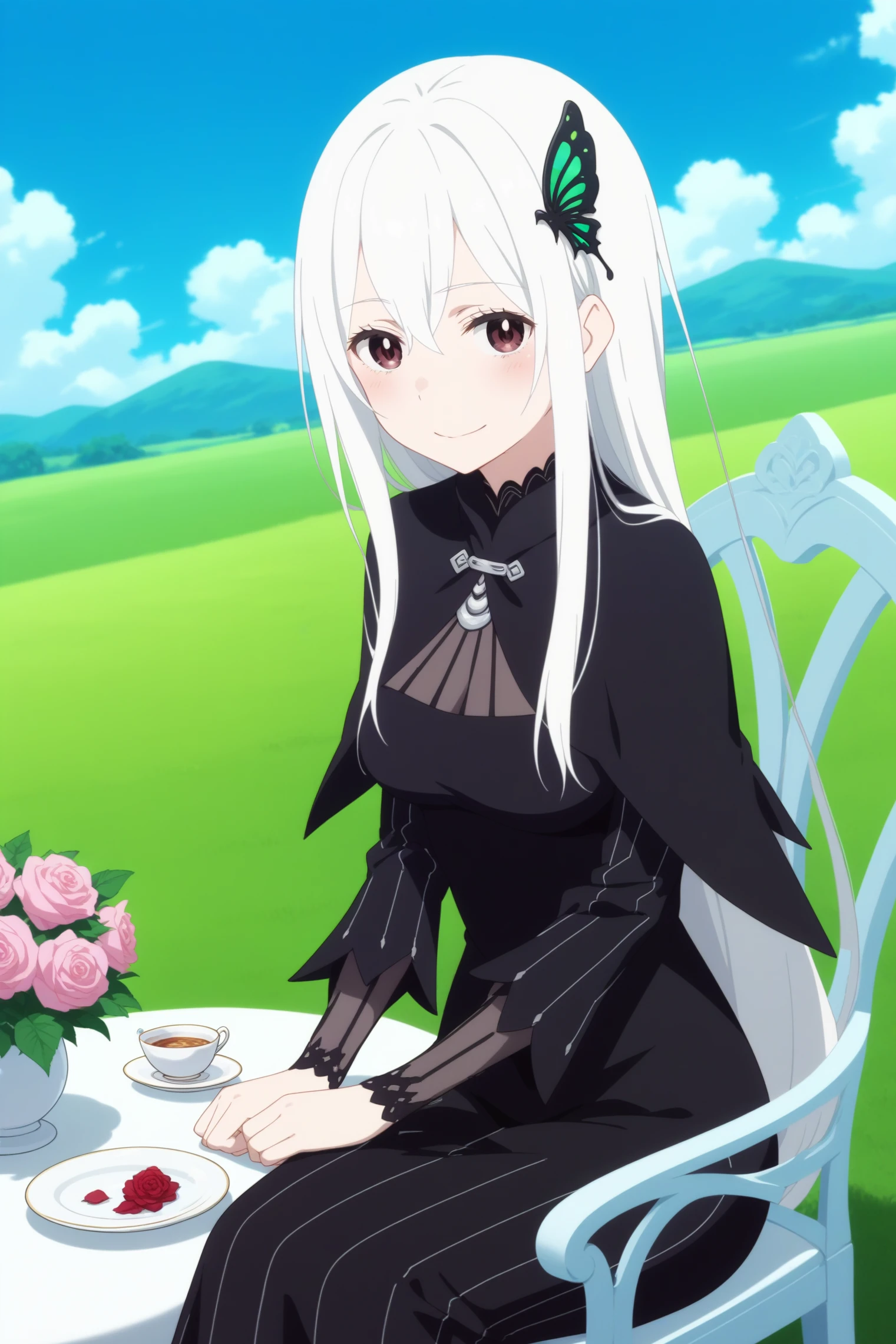 1girl,solo,echidna,long hair,hair ornament,butterfly hair ornament,colored eyelashe,hair between eyes,capelet,dress,black dress,breasts,flower,roses,outdoors,grass,blue sky,cloud,smile,lot of roses,looking at viewer,blush,table,bouquet,dutch angle,upper body,chair,white chair,holding teacup,teacup,good_hands 