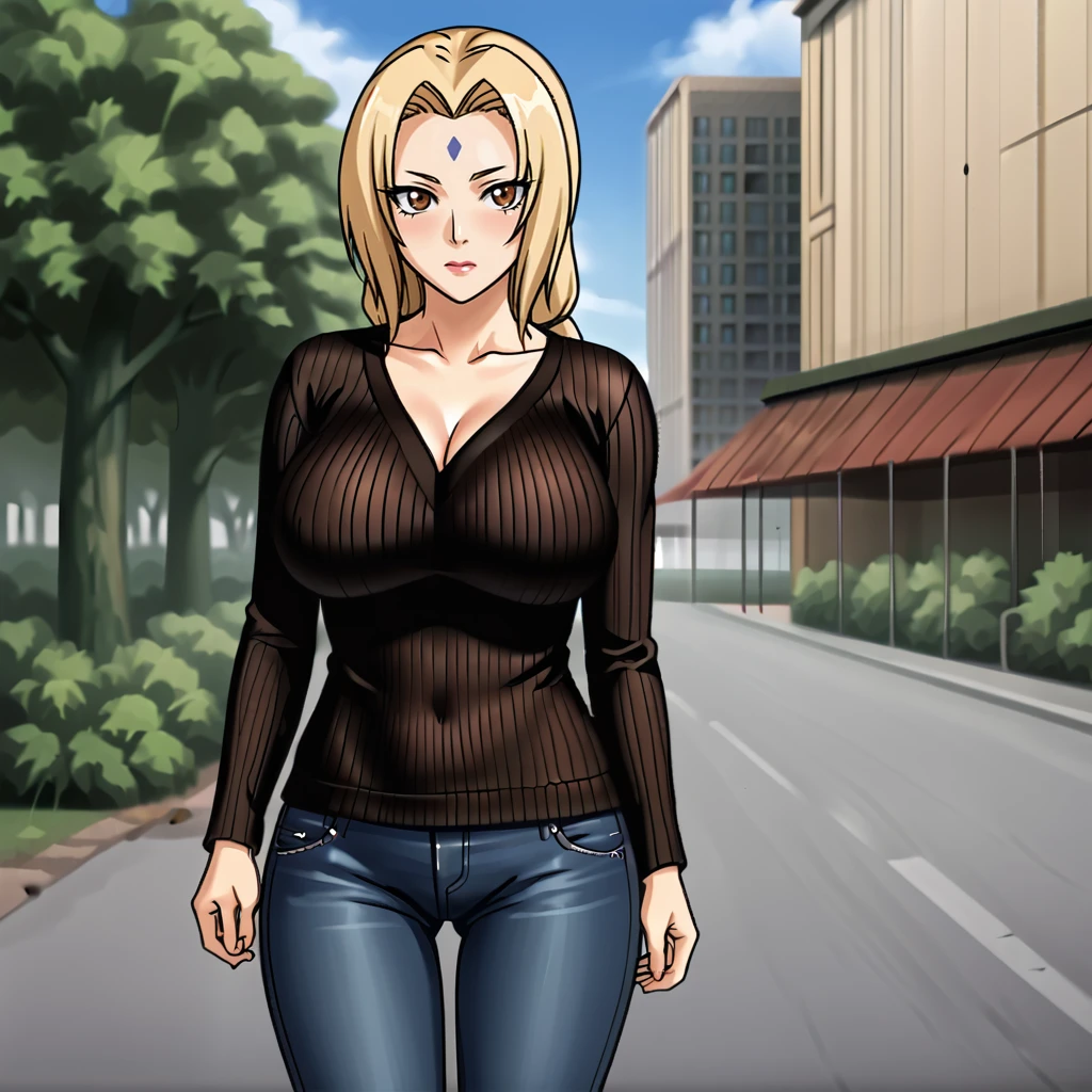 <lora:tsunade_pony_v1:.7> Tsunade, 1girl, blonde hair, large breasts, brown eyes, forehead mark, facial mark, cowboy shot, sweater, jeans