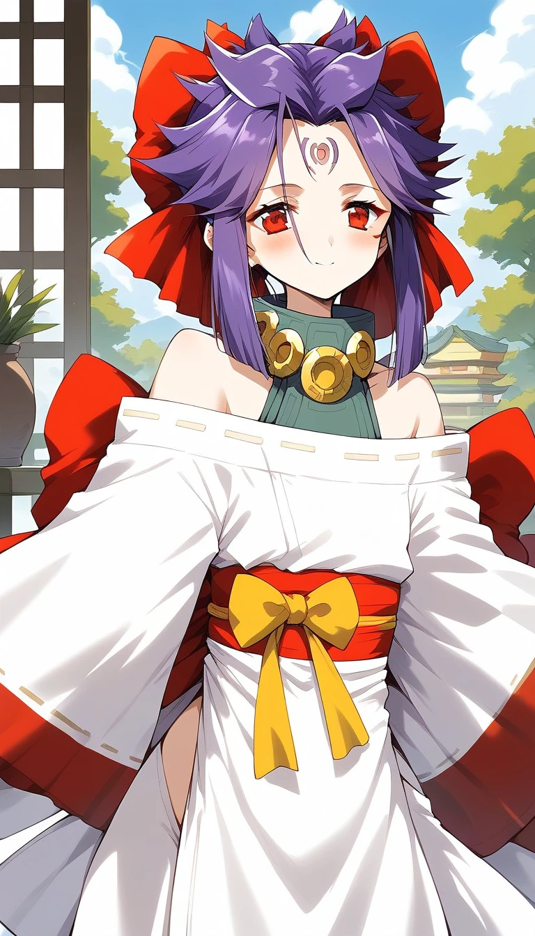 score_9, score_8_up, score_7_up, source_anime, rating_explicit, BREAK  <lora:kakurine_Ver2.1_XL:1> kakurine, facial mark, forehead mark, red eyes, purple hair, long hair, sidelocks, hair bow, red bow, collar, 
bare shoulders,  japanese clothes,  white kimono, apron, long sleeves, Yellow bow,
tatami, Japanese room,