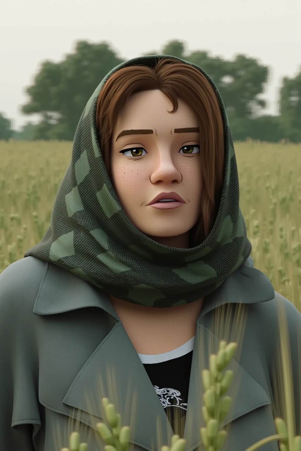 in the style of zhyz. in the style of digital illustration.a young woman standing amidst a lush, golden wheat field, likely taken during late summer or early autumn. The woman has light brown, shoulder-length hair and fair skin with a light dusting of freckles across her cheeks and nose. She wears a light gray trench coat that appears slightly worn, with a visible patch on the chest area. The coat's fabric has a matte texture, indicating it may be made from a natural, durable material like cotton or linen.

Her expression is neutral, with a slightly pensive or contemplative look on her face. She is adorned with a large, dark olive-green and black checkered scarf tied loosely around her neck and head.