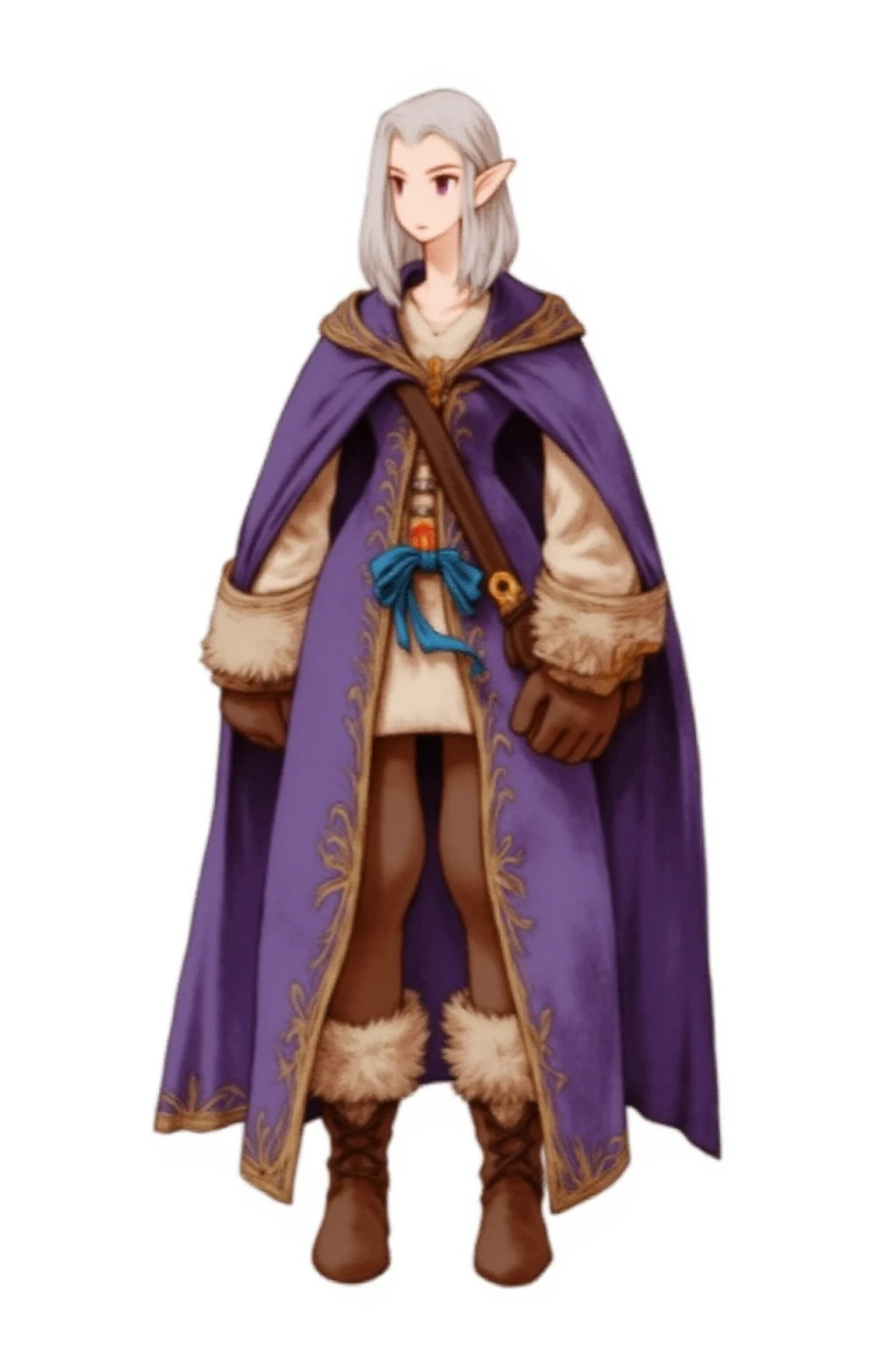 full body medieval fantasy character of a female elf, 1girl,   simple background, white background,  an elf with distinct elven features, Slender and Graceful,  The elf has fair skin, bobbed, long white hair and pointed ears,  and she has expressive purple eyes with a slight upward tilt, giving her a gentle, serene appearance,    a female elf Bard musician adventurer dressed in medieval-style attire, with a mix of practical and elegant elements, dressed in a long, flowing purple and gold robe that drapes over their shoulders,  with a deep purple cape that flows behind them,  The robe has intricate gold trim and a blue belt around the waist,  They wear brown leather boots and brown leather gloves,  and fur-trimmed leggings, A brown leather satchel is slung over their left shoulder, with a small, orange tassel hanging from it,