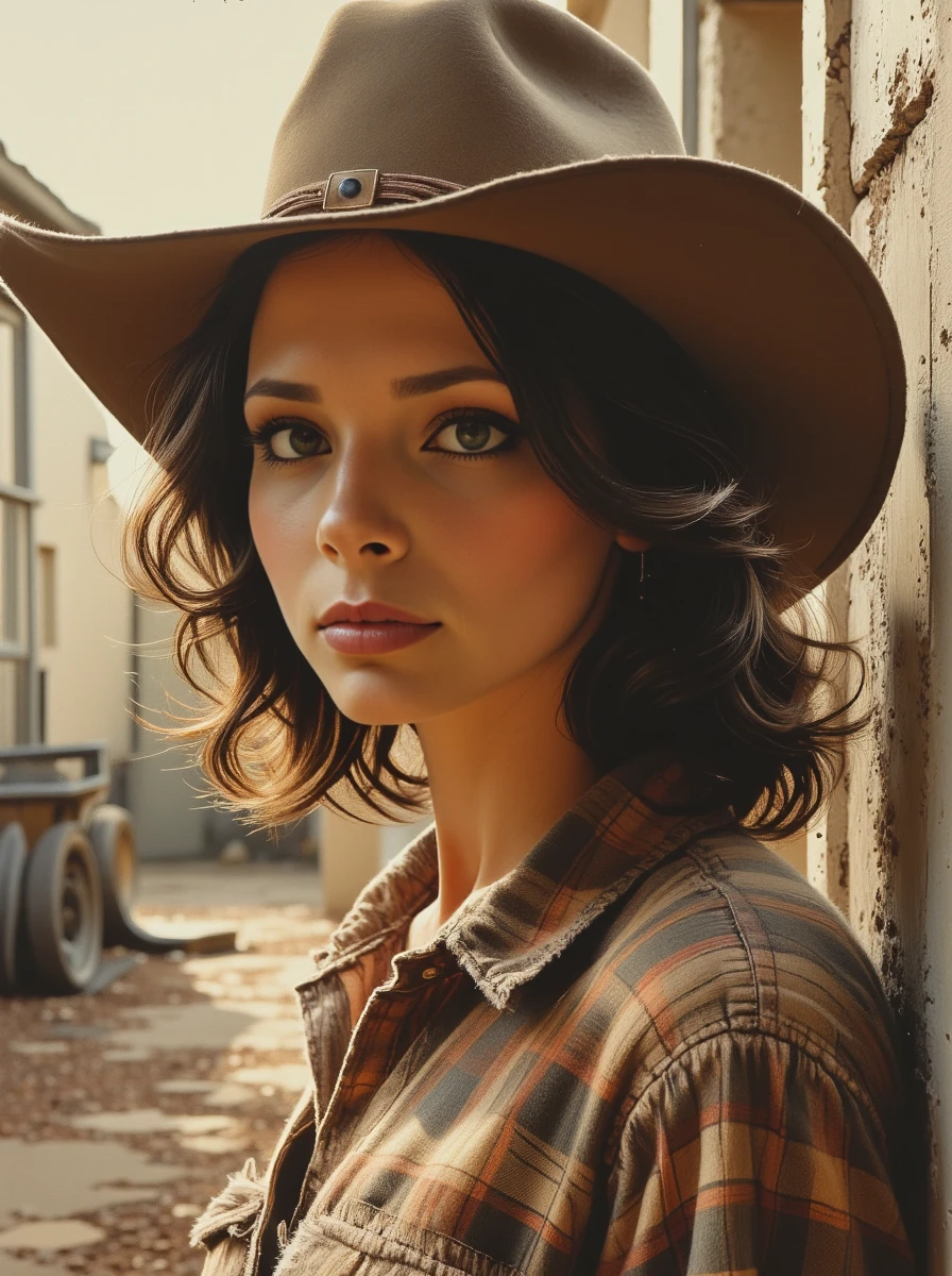 amateur photo of a brunette woman posing shy, she is shy, her hair has an edgy cut, her skin has a detailed texture with subsurface details. she is wearing a simple Southern man's outfit with a plaid shirt, beige pants, and a Bubba Gump Shrimp Co. hat, often seen with a box of chocolates <lora:chloelora:1.2> Ch103, <lora:style_of_Frank_Miller_FLUX_236:1> style of Frank Miller