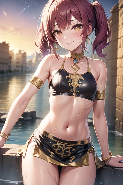 intricate details, finely detailed, <lora:Add Detail:0.4>, (masterpiece), best quality, high resolution, highly detailed, detailed background, thin, small size, ((curved)), (ray of lights), colorful backgrounds, (close up),  (st_rina), ((in a river of a small desert country with  ancient ruins with intricate details)), (sunset), ,  dream landscape,  ,beautiful  multicolored sleeveless shirt with intricate details, multicolored skirt with intricate details,  looking away, gold armlets, gold choker, navel, smile,  wet, wet body, random pose,