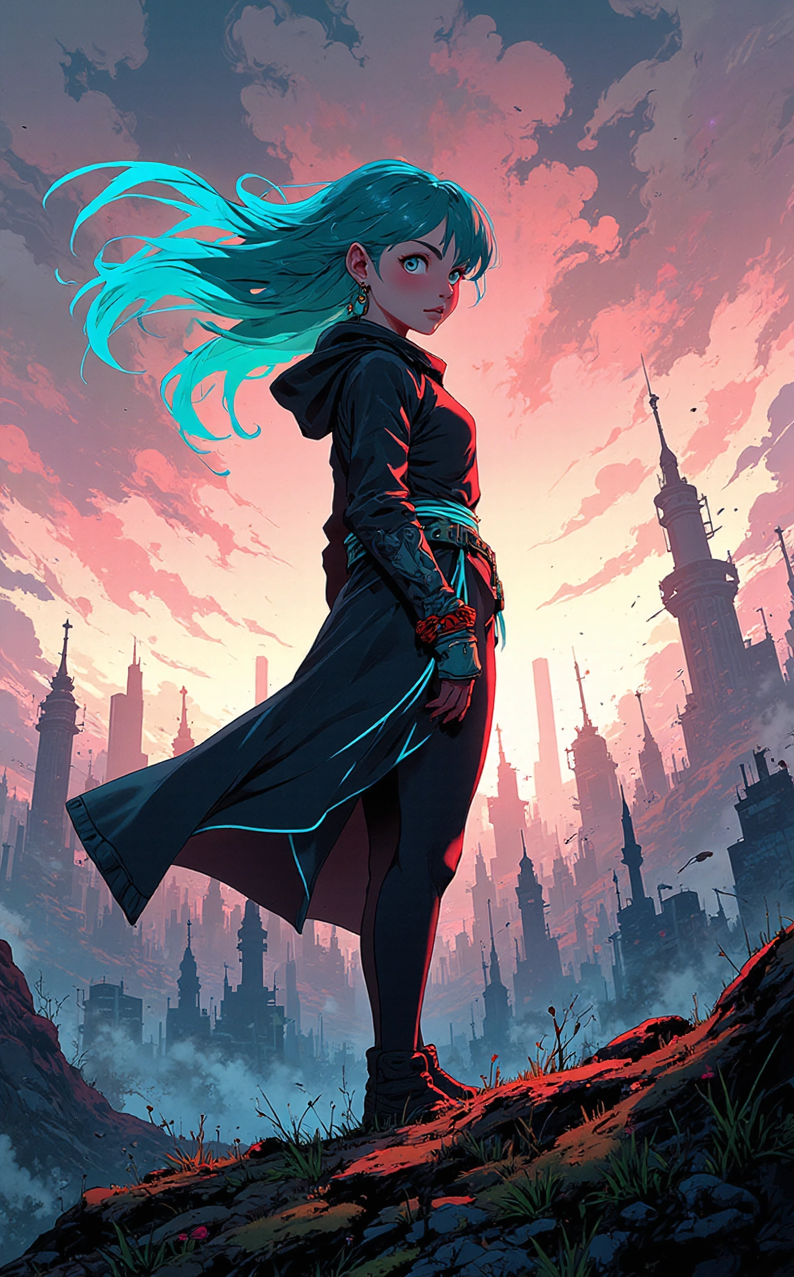 anime, niji, (off-center composition, dynamic left aligned composition), A woman in a futuristic, high-collared coat stands on a windswept hill, overlooking a dystopian city. Her hair is slicked back. The coat glows faintly with neon threads, and the wind whips her hair around her face. The sky is a stormy gray., cinematic film still anime artwork manga art by Yoh Nagao, anime art by Makoto Shinkhai, , 2D flat anime, spiritual themes, colorful, picturesque landscapes, Contemporary sculpture, abstract forms, experimental materials . anime style, key visual, vibrant, studio anime, highly detailed . shallow depth of field, vignette, highly detailed, high budget, bokeh, cinemascope, moody, epic, gorgeous, film grain, grainy