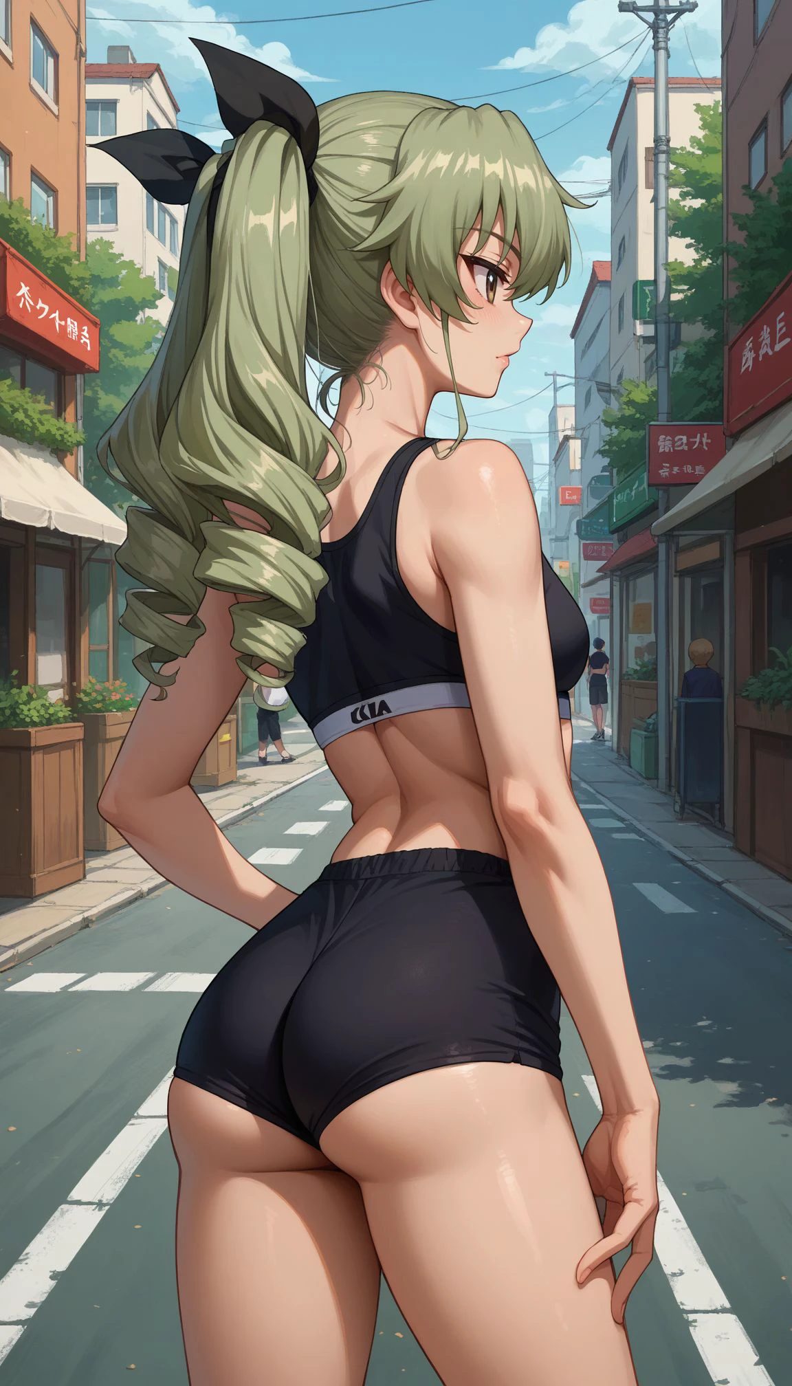 score_9, score_8_up, score_7_up, source_anime, 
<lora:Anchovy:0.8>,, anchovy (girls und panzer),green hair, long hair, twin drills, bangs, hair ribbon, solo,, black sports bra, black shorts, short shorts, ass, outdoors, city street