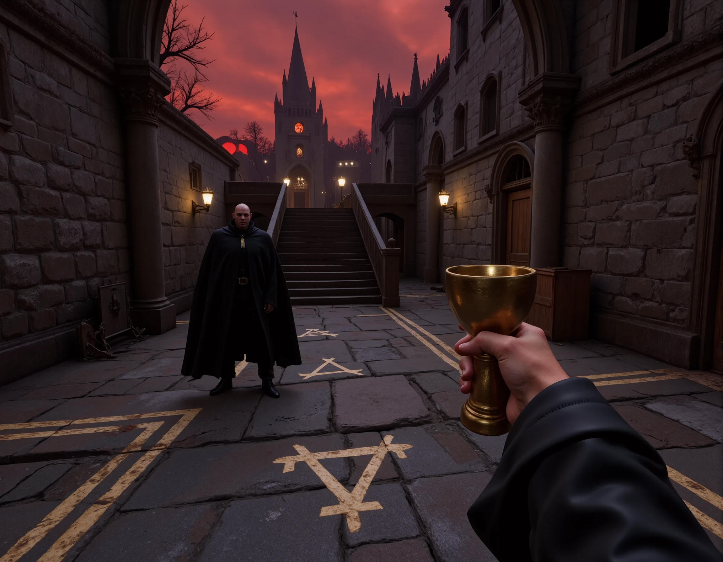 <lora:AntiBlur:3>, <lora:Pirat_Journ_Visual:1>, Pirat_Journ_Visual
This image is a first-person view screenshot from a dark fantasy VR game, featuring a tense encounter with Dracula. You stand at the entrance of a grand, decaying gothic castle, its towering spires looming against a blood-red, stormy sky. The stone floor beneath your feet is cracked and worn, with faded symbols etched into the ground. Directly in front of you, the imposing figure of Dracula stands, cloaked in a black, flowing cape that billows in the cold wind. His eyes glow an eerie crimson, and his pale skin seems to shimmer under the dim light of the flickering torches that line the castle walls. He holds a golden goblet in one hand, filled with a thick, dark liquid, while the other hand extends outward, fingers curled menacingly as if ready to strike. Behind him, the grand staircase winds upward into darkness, where more ornate chandeliers cast long, ominous shadows. The air is thick with a sense of dread and ancient power, as the atmosphere pulses with gothic horror and dark magic, enveloping the player in a world of fear and mystery.