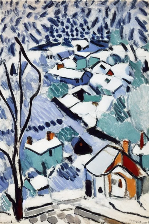 <lora:Matisse-10:1>, Matisse, A winter wonderland with snow-covered trees and a cozy cabin.