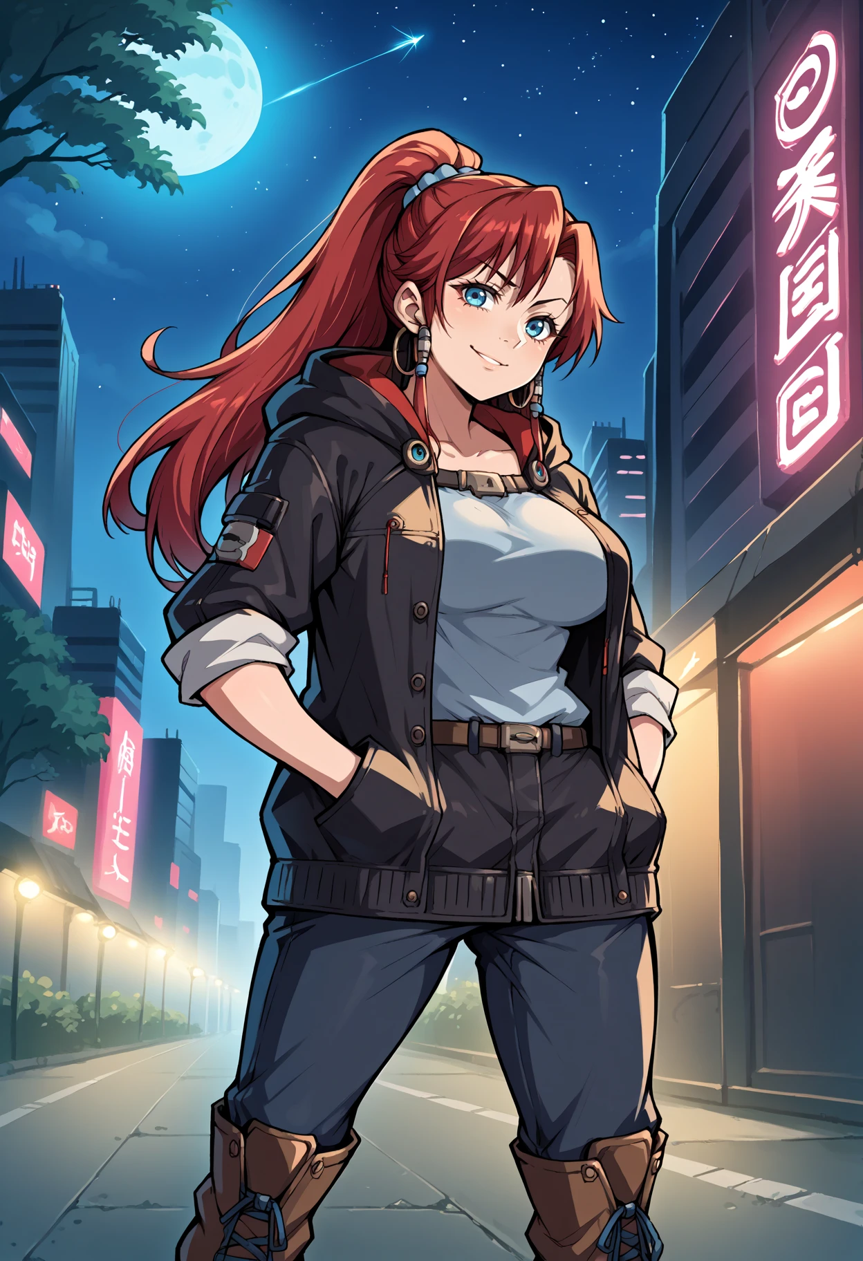 score_9, score_8_up,score_7_up, source_anime, 1girl, solo, bsng, large breasts, long hair, red hair, blue eyes, ponytail,
jewelry, hoop earrings, armlet, blue scrunchie, hair beads,
cyberpunk city ,black sky,clear night sky,starry night,mist,gothic architecture, neon lights,
bow and arrow, hooded cloak, animal companion, forest terrain, leather boots,
noble, raised eyebrow, slight smile, relaxed posture, confident gaze, hands in pockets,
<lora:bllws_pdxl_EliPot:1>