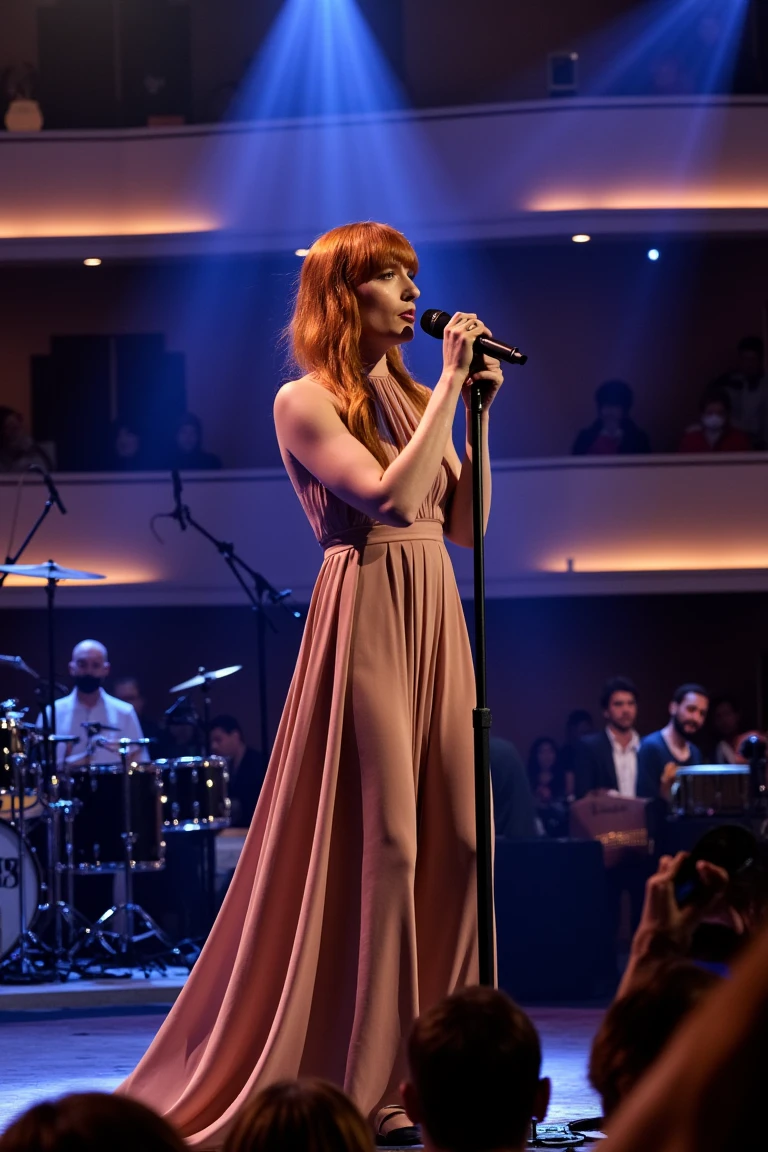 Florence Welch performing live in a TV studio, captivating the audience with her powerful vocals. She wears a beautiful, elegant high-neck dress and has her hair styled in a chic bun. The studio is brightly lit, with people watching intently from the audience area. The composition captures her in a dynamic, expressive pose, with the stage and instruments adding to the vibrant atmosphere.