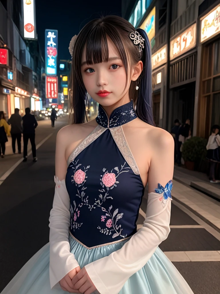 ((score_9, realistic)), ((fair skin)), ((skinny)), a pretty woman, kpop, jpop, idol, top model, medium breasts, high neck, multicolord dress, sleeves dress, hair ornament, street, night, signboard lights, <lora:ColoredContactLenses_pony:0.5>,