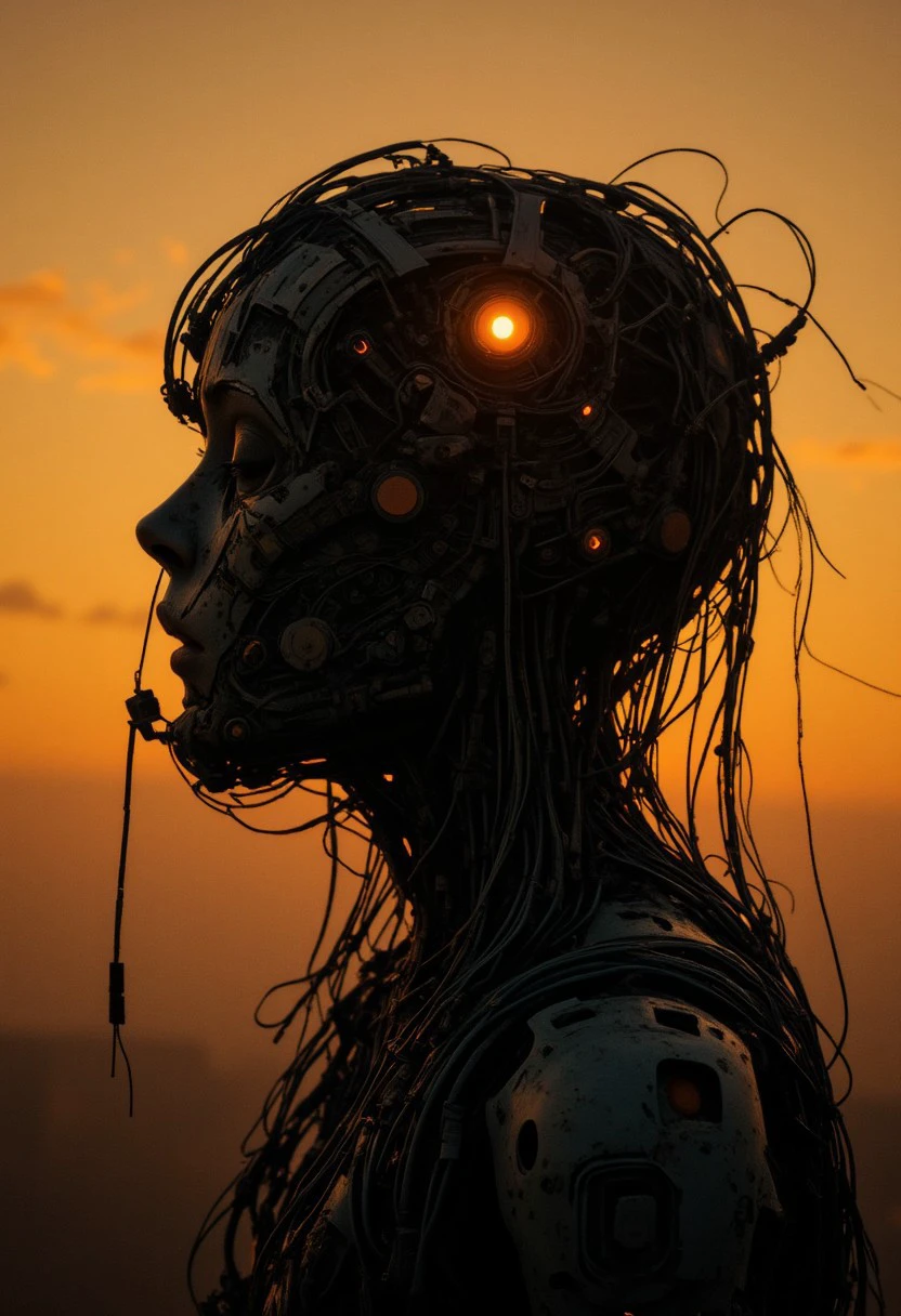 Sideview of a wired-cyborg Made intricate mechanical parts and wires, the light shines through the desolate head, Silhouette Made of wires and cables, moody, golden hour lighting, volumetric lighting