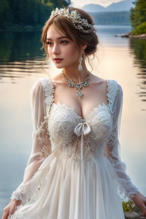 (masterpiece, best quality:1.2),illustration,8k,hd,1 girl,very long hair,solo,(collarbone:1.2),looking at viewer,
Freya,dress,white dress,long sleeves,jewelry,necklace,bow,lace trim,lace-trimmed dress,white ribbon,hair flower,hair ornament,((cleavage)),big breasts,outdoors,(day, lake:1.5),extremely detailed dress,crystalstexture skin,front view,<lora:Freya XL:1.2>,