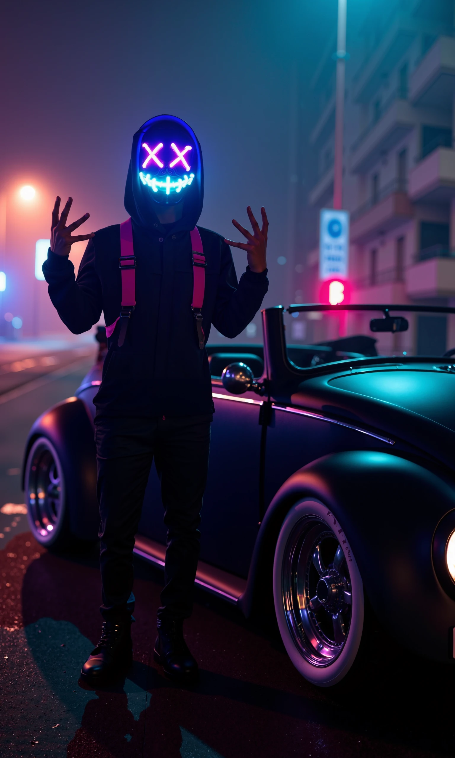 a mysterious, cyberpunk-inspired scene set in the dead of night. A person wearing a neon-lit mask with glowing X-shaped eyes and a stitched grin stands confidently next to a polished,frontal view of, matte black Beetle cabrio. The mask's bright purple, blue, and pink neon lights cut through the dark, casting an eerie glow on the figure’s black attire, which is accented by bold, pink and blue straps. The person strikes a playful yet menacing pose, framing their masked face with their fingers, creating a sense of both rebellion and mystery.

Next to them, the Beetle cabrio shines under the faint glow of nearby city lights, its smooth, polished finish reflecting the ambient neon colors from the mask and the surrounding urban environment. The custom whitewall tires and chrome details on the cabrio catch the light subtly, while the side-mounted license plate reads 'CIVIT' in bold, clean lettering, visible in the darkness. The faint reflections of city lights dance across the car’s surface, adding depth to the dark, fog-filled setting.

The lighting is primarily dark, with only the neon from the mask and distant streetlights illuminating the scene. The contrast between the brightly lit mask and the shadowy background adds a dramatic tension, with soft reflections from the neon lights shimmering on the wet pavement and the cabrio's polished exterior. The overall composition exudes a sense of danger, rebellion, and a cyberpunk edge, with the figure and the Beetle cabrio standing as symbols of defiance in a world of dark urban decay