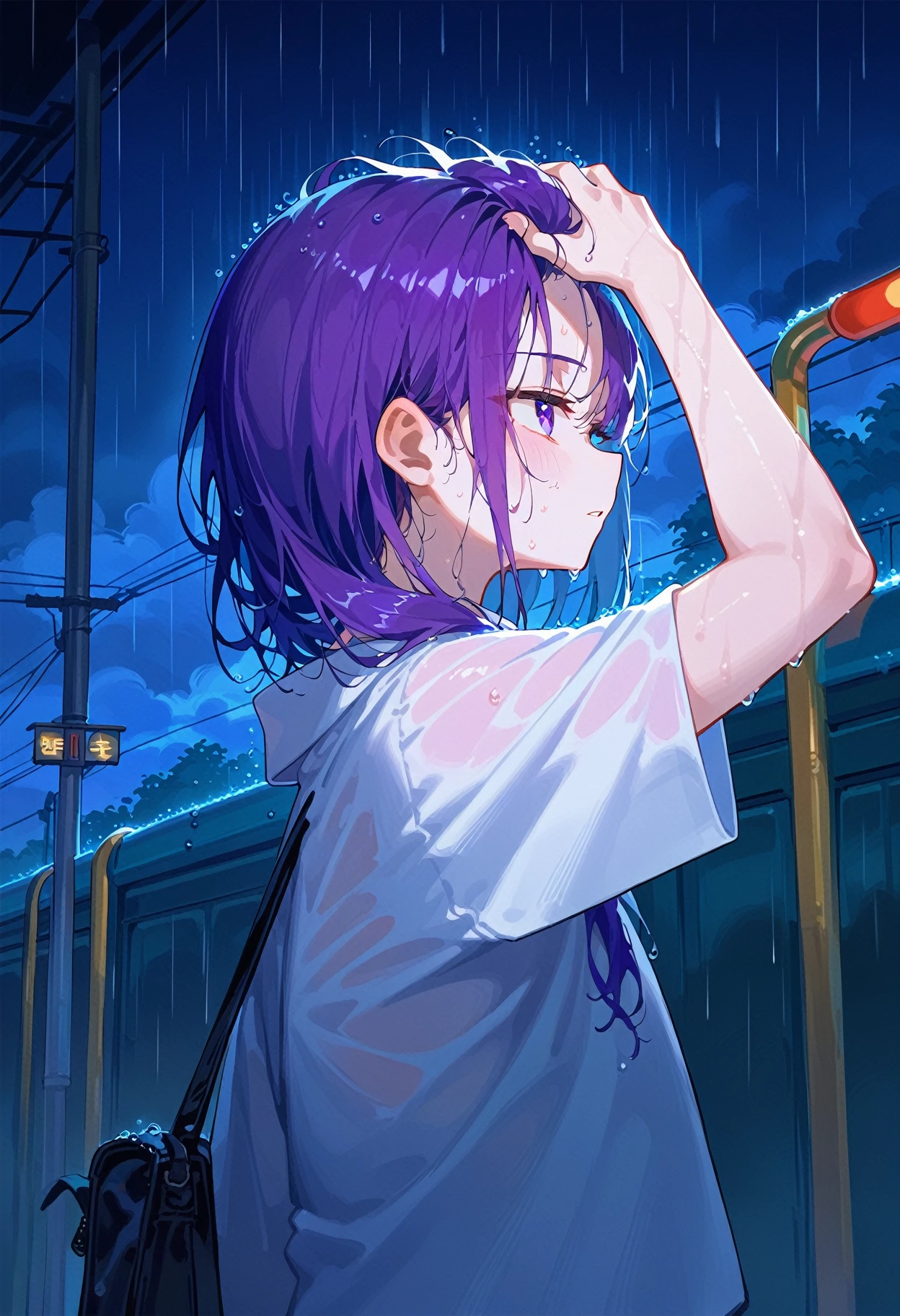 score_9, score_8_up, score_7_up, source anime, 1girl, solo, wet hair, bangs pinned back, holding hair, hand in own hair, bus station, rain, night, cloudy day, <lora:bangs_pinned_back-xl-pony-v1:1>,