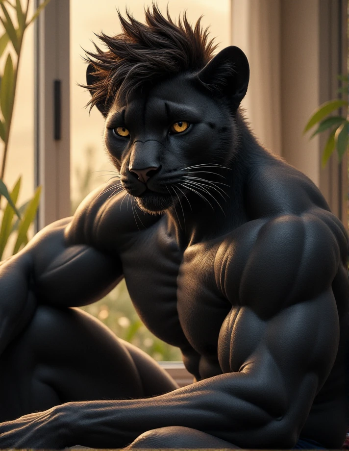 fluxorbit,  male muscular anthro panther
, spiky wavy hair,
,
relaxed, ,
looking at viewer, 
 <lora:fluxorbit_mini_v1:0.6>