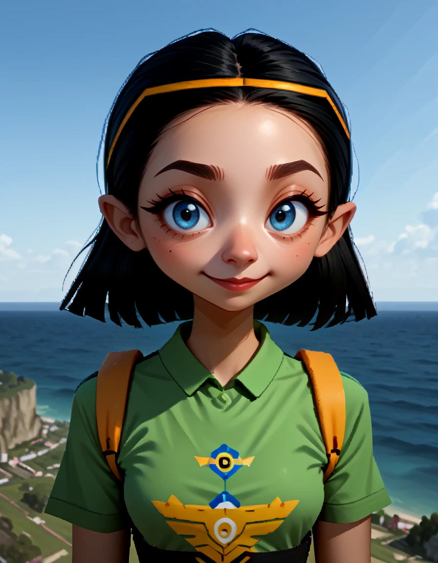 <lora:Ibis_-_Pilotwings_64_-_1996:1.25> ibis, 1girl, low poly, green shirt, short sleeves, short hair, black hair, medium breasts, jeweled headband, portrait, pointy nose, blue eyes, eyeliner, looking at viewer, smiling, pilot training school,, source_cartoon, score_9, score_8_up, score_7_up, score_6_up, score_5_up, score_4_up,