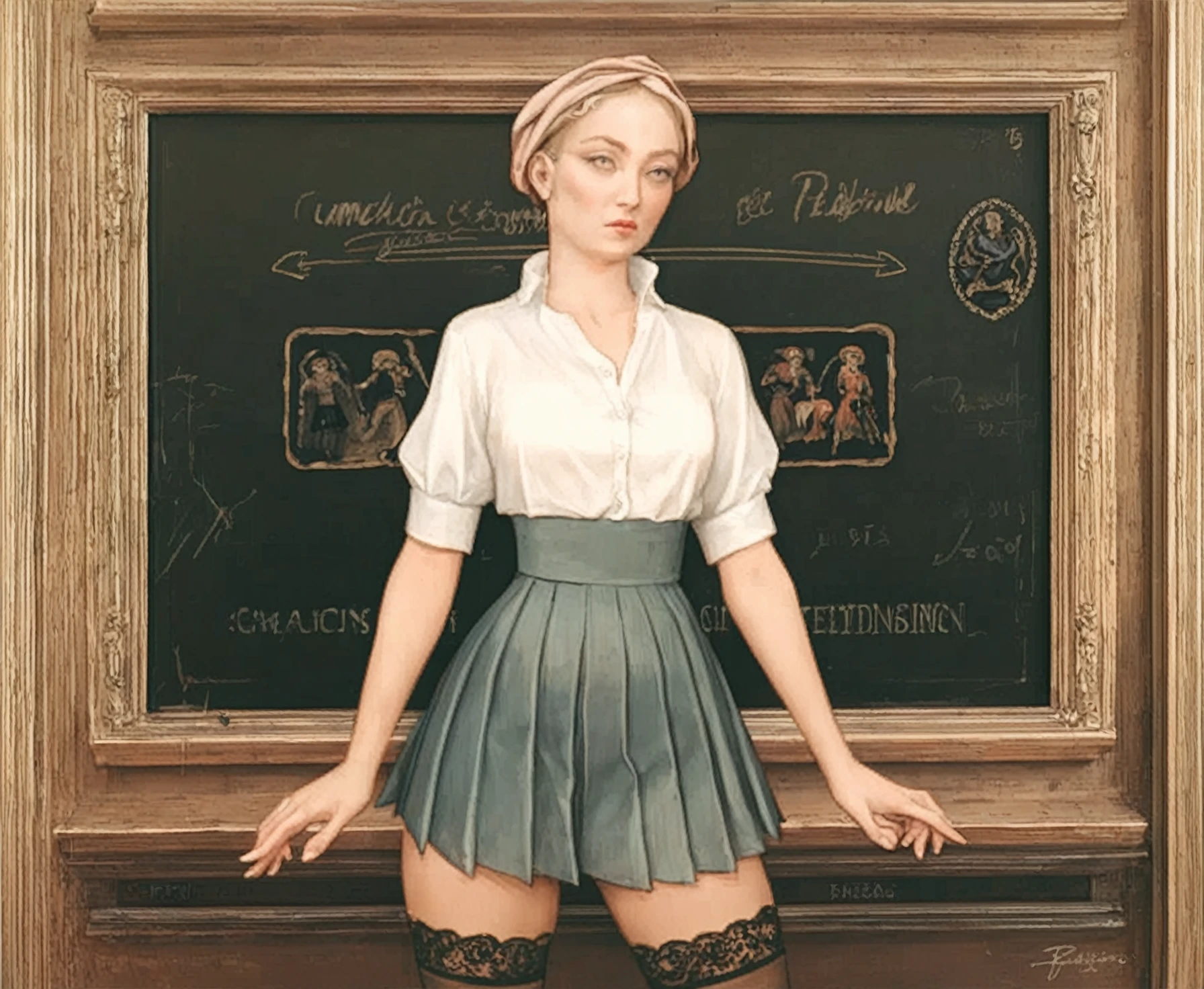 <lora:gentile-da-fabriano_pony_v1:1>  '' by FabrianoGentileda in 1425, religious painting \(genre\), International Gothic \(style\), Standing before the blackboard, the new teacher at school commands attention. Her attire, a crisp unbuttoned satin blouse paired with a pleated skirt, is accented by the subtle allure of (laced stockings), adding a touch of fragile femininity to her slender authoritative presence in the classroom. She is revealing her perky protuberant femininity, exposing long narrow calves, (narrow waist), and her gently protuberant skinny curves with fragile, yet authoritative and distinguished femininity., score_9, score_6_up, score_7_up