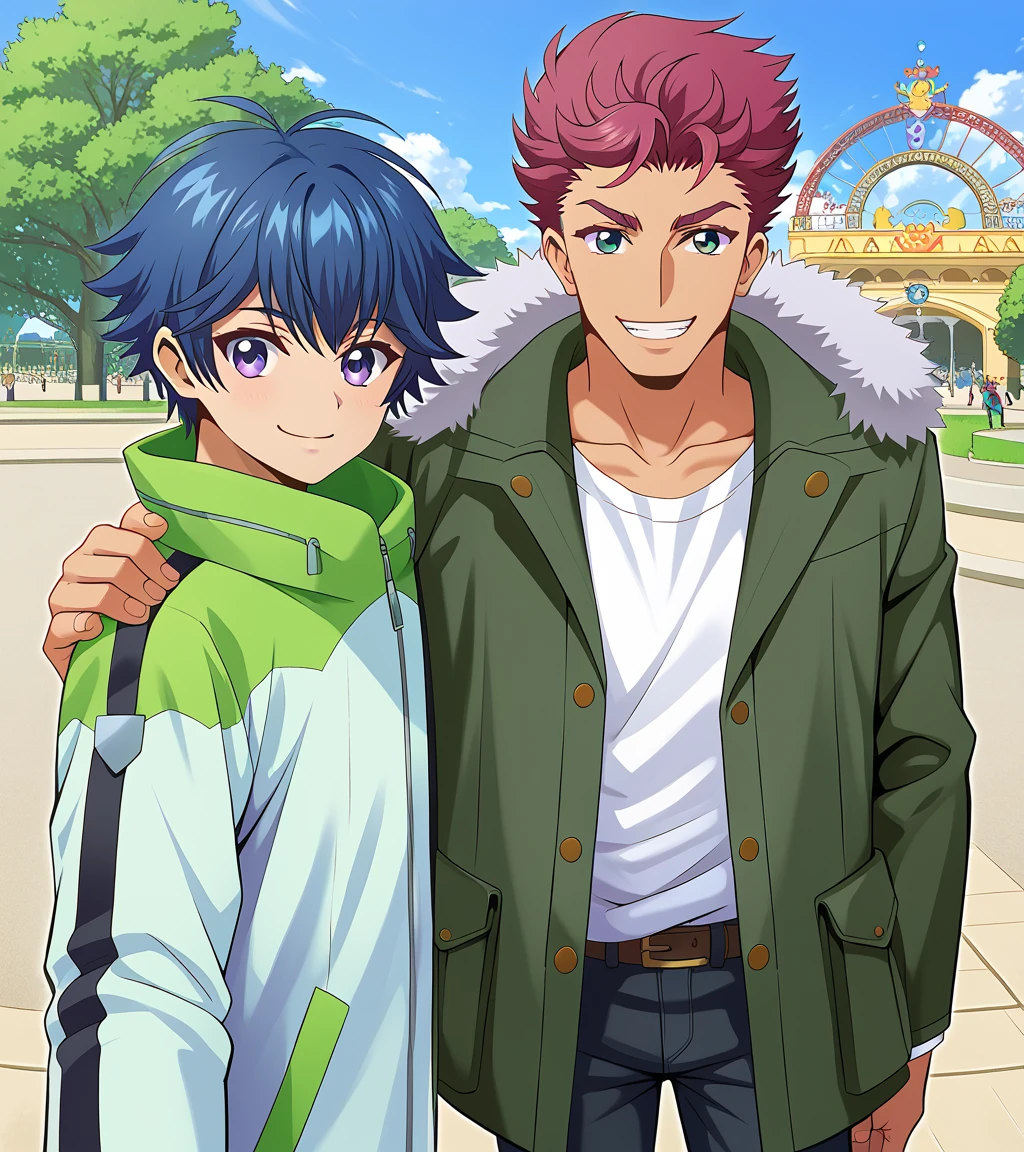 zPDXL2,rating_safe,<lora:Danji_Yu-yu_Tohya:0.9>,2boys,multiple boys,male focus,(upper body:1.2),smile,amusement park,selfie,v,heads together,side-by-side BREAK yu-yu kondo,green-white jacket,black pants,pantyhose,(height difference:0.6),hand on another's shoulder BREAK danji momoyama,green fur-trimmed coat,white shirt,open clothes,hood down,pants,