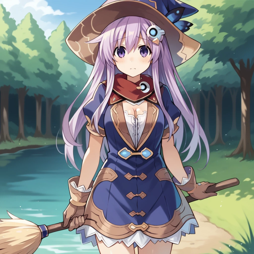 score_9_up, score_8_up, score_7_up, source_anime, 1girl, solo, NepG, Nep_Wit, magical forest, river, rainbow, standing, holding broom, nervous, looking at you, slight blush, nepgear, long hair, purple hair, purple eyes, witch hat, blue dress, alt dress, gold trim, white shirt, cleavage, puffy short sleeves, brown gloves, blue sleeves, red scarf, hair ornament, mature body, dynamic cowboy shot, outdoors, forest background