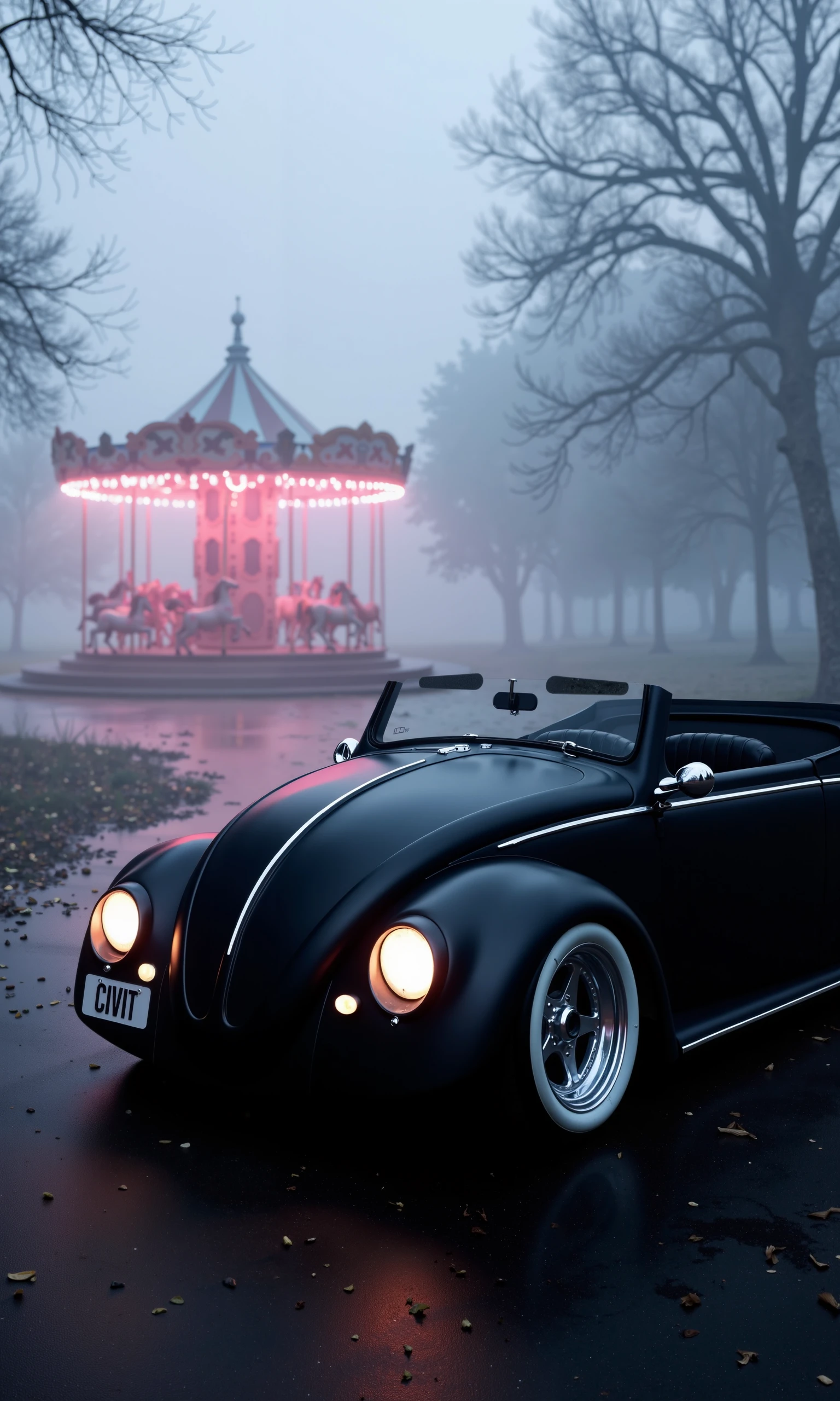  a fog-drenched scene in the heart of an abandoned, misty park. In the distance, a lonely carousel glows faintly with soft, pinkish-red lights, its horses frozen in time. The swirling mist engulfs the area, obscuring the details of the surrounding trees and casting an eerie, dreamlike glow over the entire scene. The warm lights of the carousel pierce through the thick fog, reflecting off the wet ground, creating an ethereal, ghostly ambiance.

Parked nearby,frontal view, low angle, slightly illuminated by the glow of the carousel, is a polished matte black Beetle cabrio. The cabrio’s sleek, reflective body shines through the mist, capturing the soft glow of the carousel lights and reflecting it across its polished surface. The custom whitewall tires and chrome accents gleam subtly in the diffused light, contrasting beautifully with the dark, mysterious fog that surrounds the car. The side-mounted license plate reads 'CIVIT' in bold, clean lettering, just visible through the mist.

The lighting is soft and eerie, with the pink glow of the carousel lights creating a haunting reflection on the wet ground and the cabrio’s polished body. Shadows of the carousel’s ornate details stretch through the fog, enhancing the surreal, abandoned feeling of the scene. The composition balances the unsettling quiet of the park with the polished elegance of the Beetle cabrio, giving the viewer a sense of nostalgia mixed with unease.