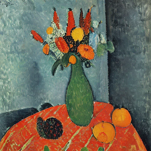 <lora:Modigliani-10:1>, Modigliani, A still life arrangement of fruits and flowers on a patterned tablecloth.