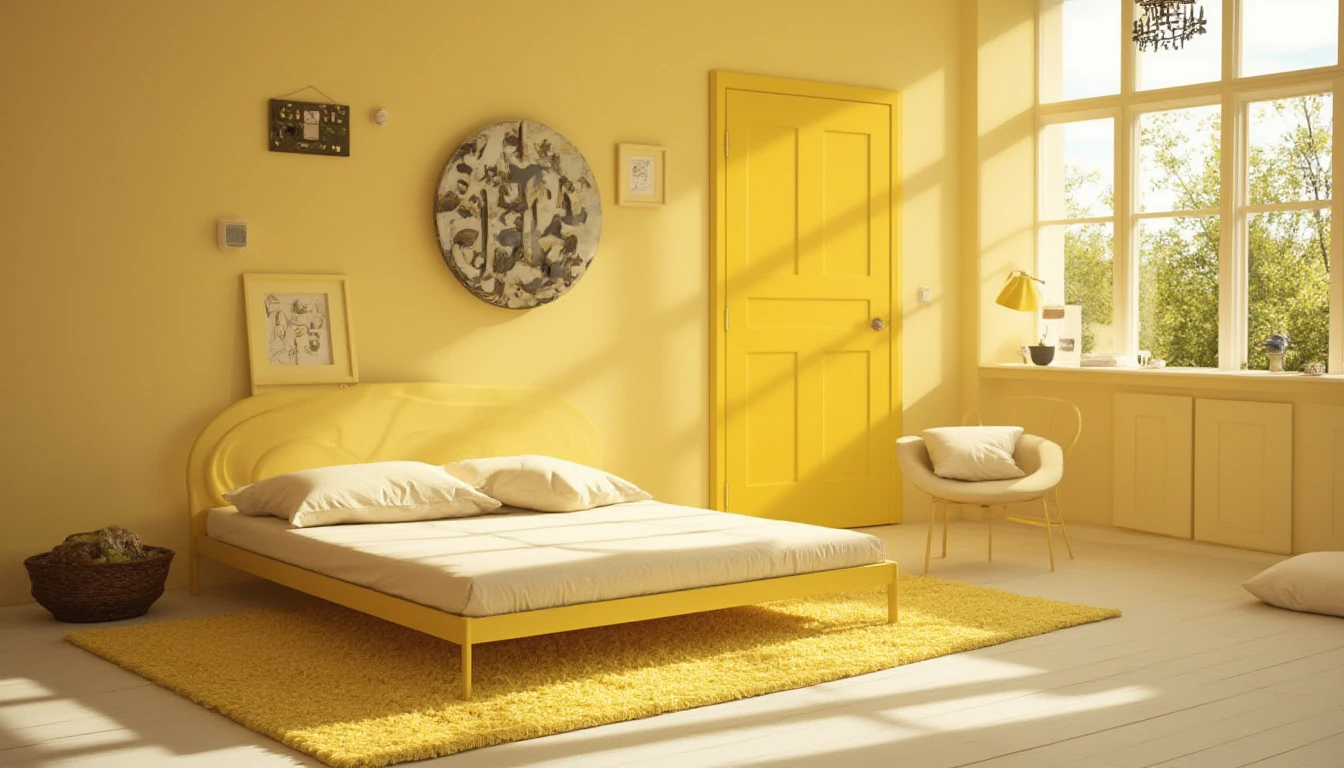 <lora:FL-bailing-24-0911monochromatic8p:1>,bailing_monochromatic,yellow,indoor,mattress,carpet,bed,window_,door,clothes_rack,chair,