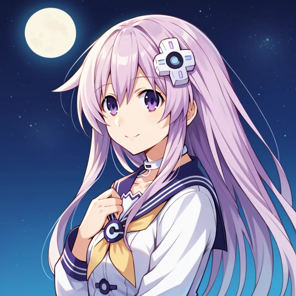 score_9_up, score_8_up, score_7_up, source_anime, 1girl, solo, NepG, Nep_Def, moon light, starry sky, night sky, standing, face focus, upper body, looking at you, hand on chest, from side, angled shot, gentle smile, nepgear, long hair, purple hair, purple eyes, d-pad hair ornament, white dress, sailor dress, yellow neckerchief, striped thighhighs, sailor collar, long sleeves, choker, mature body, dynamic cowboy shot, outdoors, sky clouds background