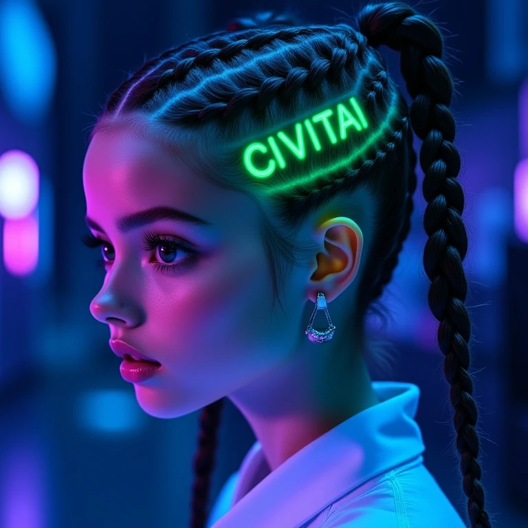 This is a highly stylized, digital illustration of a young woman with a striking, futuristic aesthetic. She has a light skin tone and is depicted in profile, with her face illuminated by a cool blue and neon green light. Her hair is styled in intricate, high braids that are dyed with neon green and blue hue text "CIVITAI", creating a vibrant, almost holographic effect. 
Her eyes are large and expressive, with well-defined, thick eyelashes and subtle makeup that enhances her features.
 <lora:glowing_text_flux:1>