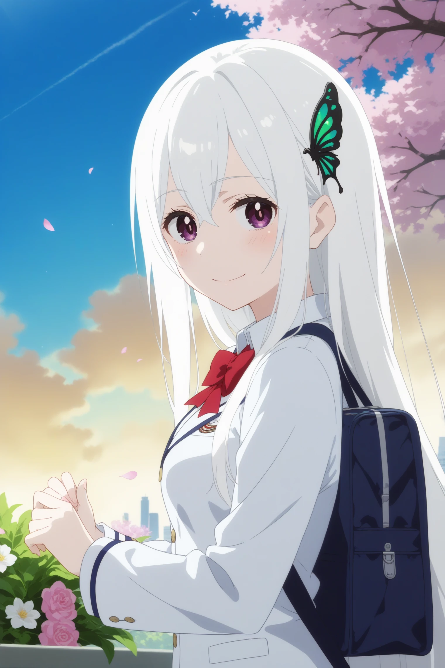 1girl,solo,echidna,long hair,hair ornament,butterfly hair ornament,colored eyelashe,hair between eyes,dark purple eyes,school uniform,bow,breasts,blue sky,cloud,smile,looking at viewer,dutch angle,upper body,city,sakura petals flying behind, school bag,sakura flower,looking behind,flower,good_hands 