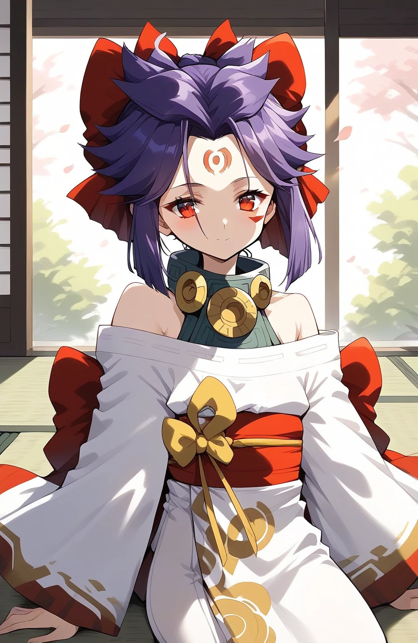 score_9, score_8_up, score_7_up, source_anime, rating_explicit, BREAK  <lora:kakurine_Ver2.1_XL:1> kakurine, facial mark, forehead mark, red eyes, purple hair, short hair, sidelocks, hair bow, collar, 
bare shoulders, japanese clothes, long sleeves, white kimono, Yellow swirl print,
tatami, room, candle, Japanese,