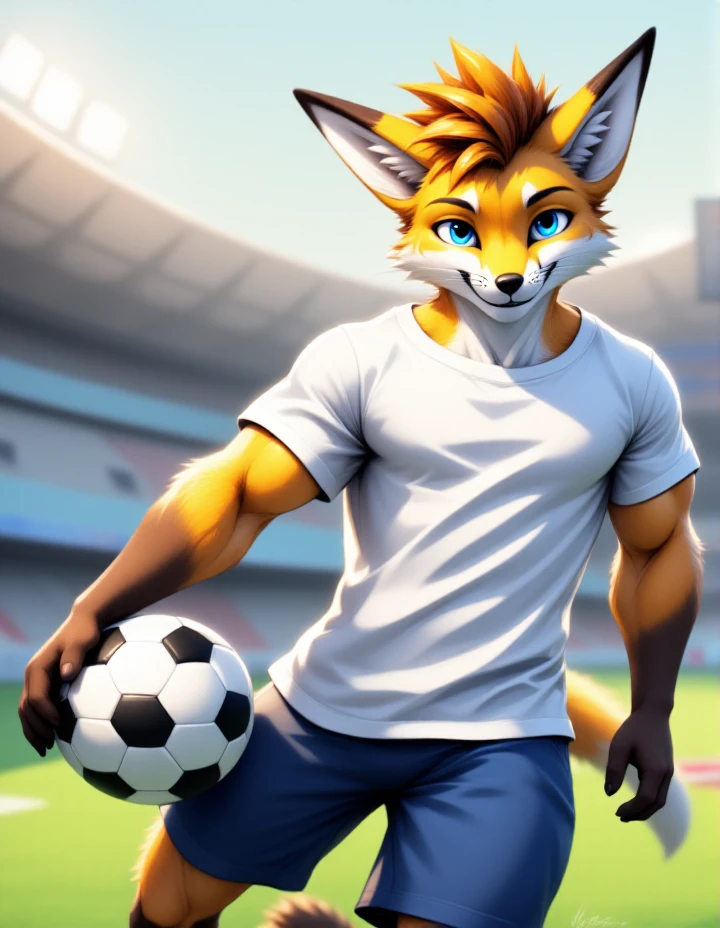 fluxorbit, muscular anthro fox with some rexouium vibes  
 looking at the viewer,  musculegs, good face, wavy spiky hair, smiling, 
(wearing abaggy tshirt and a pants, lots of clothe wrinkles:1.6)
playing football in a stadium, football sportwwear
, comic soft style, thick lines, 
blurry background, 
blue eyes,
(3/4 view, three-quarter view:1.2),
, whole body
<lora:fluxorbit_large_V4_000015000:0.7>  <lora:fluxorbit_mini_v2:0.3>