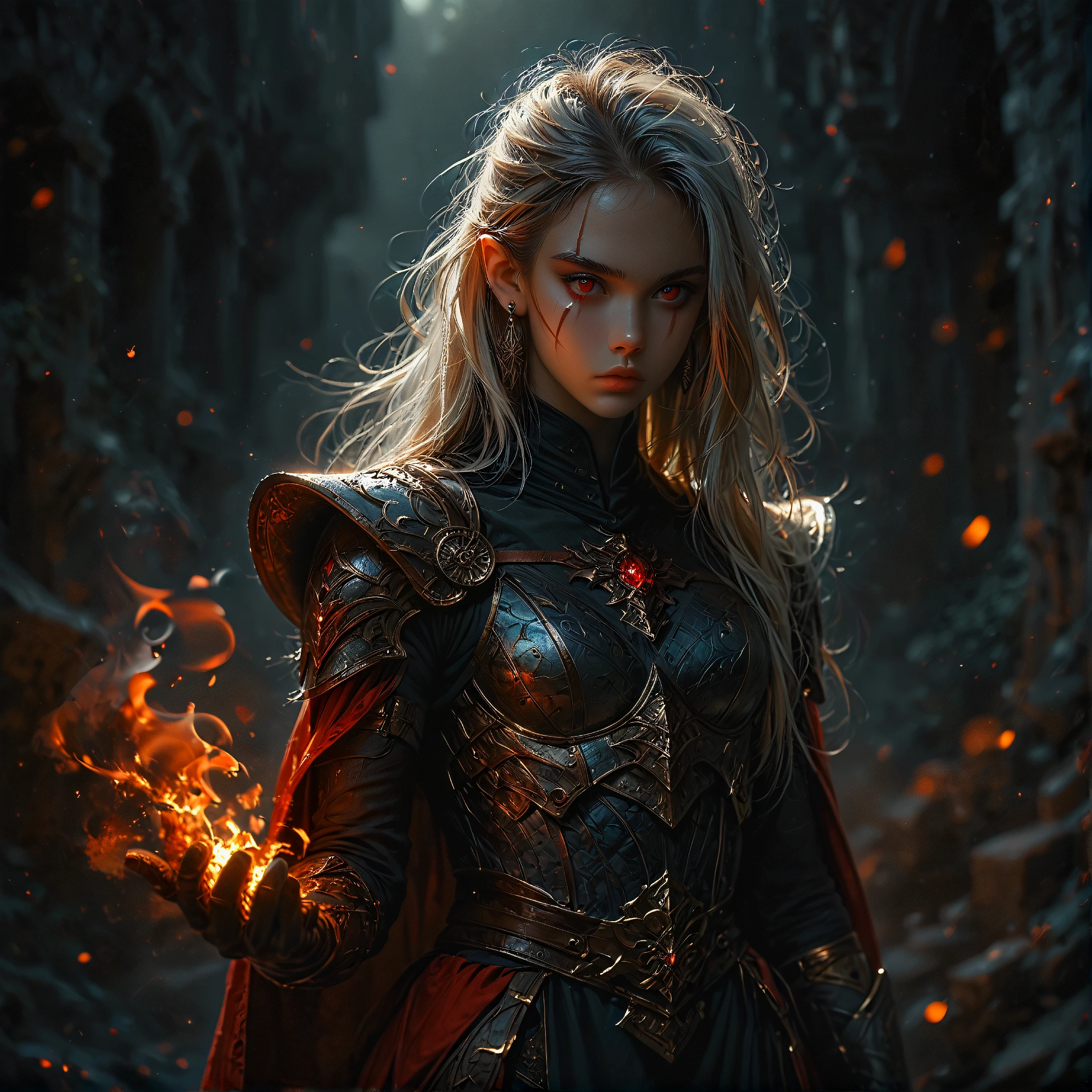 score_9,score_8_up,score_7_up,medium_full_shot,
1girl,adults,(mature:0.6),perfect_face,thin_face,hand_up,fire on hand,solo, long_hair, red_eyes, gloves, jewelry, standing, white_hair,earrings, pointy_ears,armor, lips, glowing, scar, fire, elf, shoulder_armor, scar_on_face, colored_sclera, pauldrons, scar_across_eye, embers,fire, flames, smoke, embers,
dramatic_angle,f1r3elemental_style,sexy_view,unique_pose,unique_perspective,wide_view,Expressiveh,volumetric_lighting,vivid_colours,rembrandt_lighting,blurry_background,depth_of_field,high_contrast,dramatic_shadows,dramatic_lighting,highly_detailed,high_contrast,film_grain,