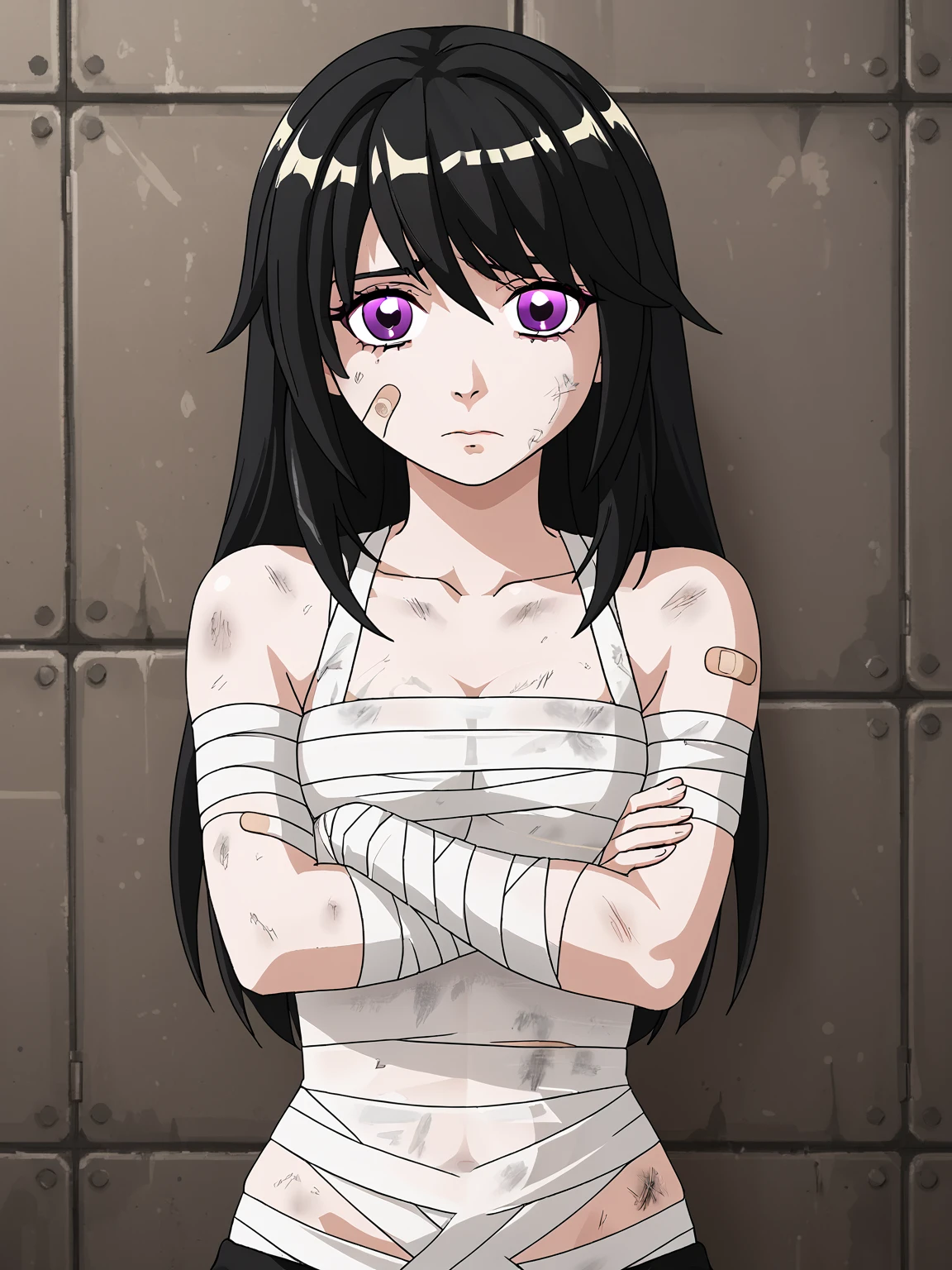 1girl, ariabri, long hair, black hair, face, purple eyes
solo <lora:Bri (ARIA):1>, score_7_up
bandaid, bandages, injured