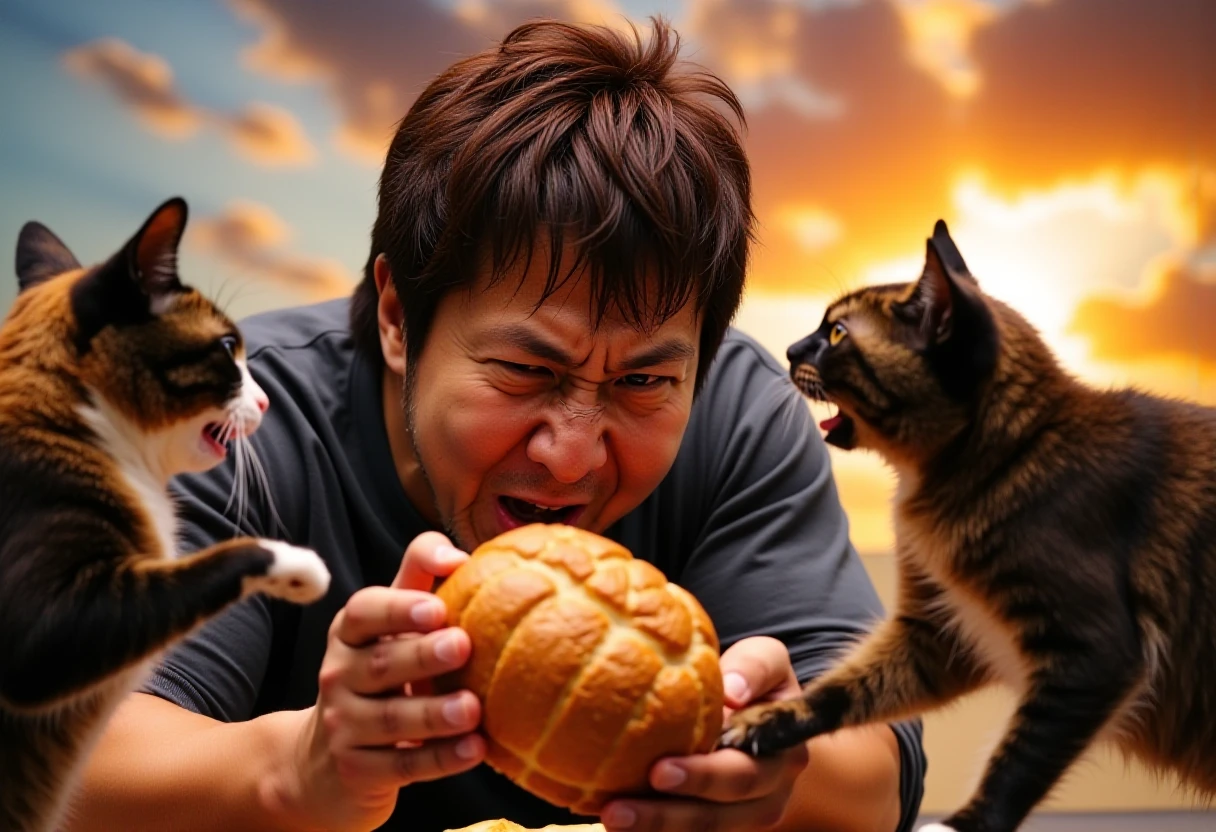 long shot scenic professional photograph of several mean fat cats are violently scratching red brown hair big strong SatoshiKojima man in the face for trying to steal bread, mauling, in the bread bakery, perfect viewpoint, highly detailed, wide-angle lens, hyper realistic, with dramatic sky, polarizing filter, natural lighting, vivid colors, everything in sharp focus, HDR, UHD, 64K