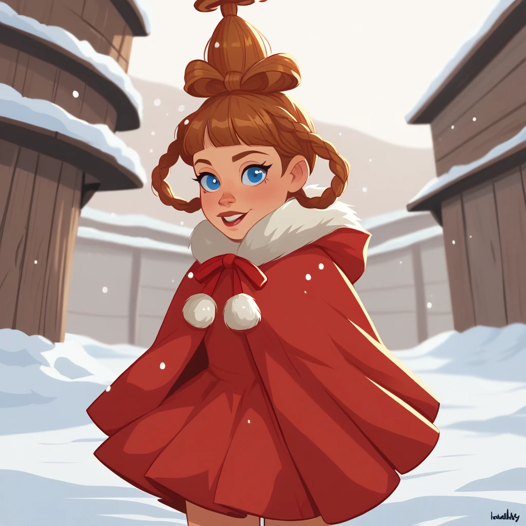 score_9_up, score_8_up, BREAK, CindyLouWho, 1girl, solo, brown hair,  blue eyes, red ribbon, red capelet, fur trim, red dress, cowboy shot, <lora:CindyLouWho_Grinch_PXL_Leaf1:1>, snow, looking at viewer,